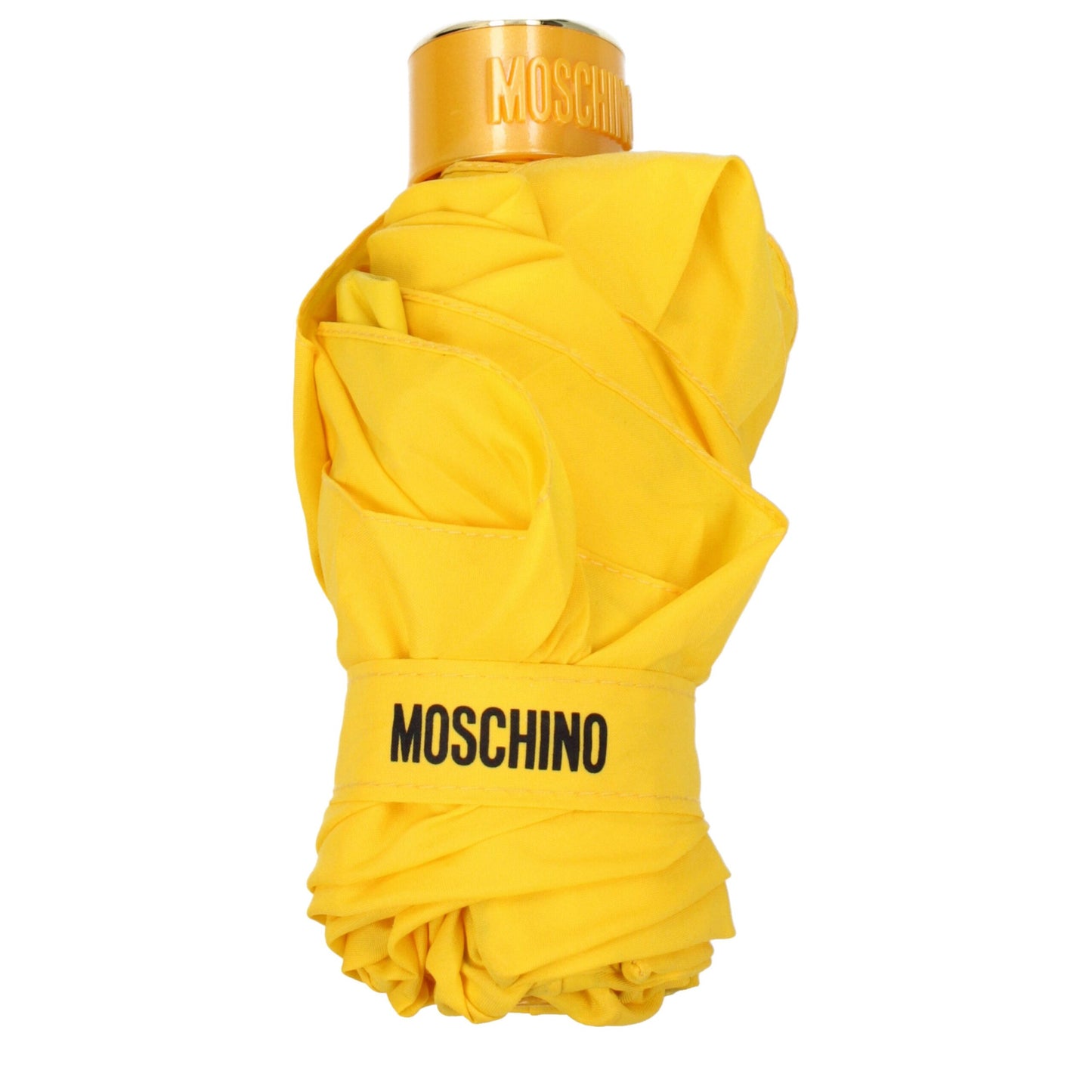 Umbrella by Moschino for women in patent leather yellow features a unassuming silhouette, showcasing the unassuming design of the Polyester Umbrella for a sophisticated look.