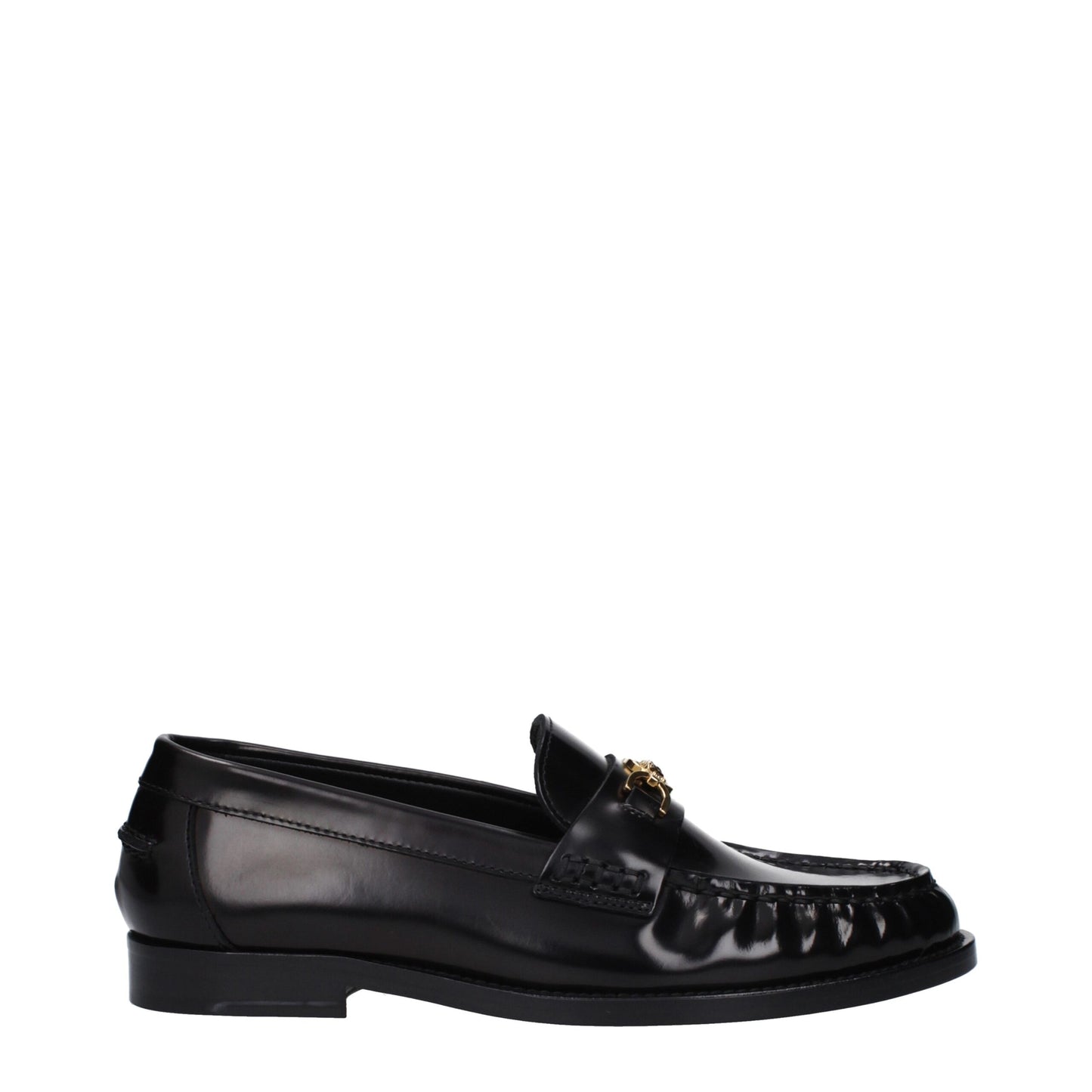Flat Loafer Slip-On Shoes by Versace for women in leather black showcases a timeless silhouette from the Women's Leather Flat Loafer Slip-On Shoes collection, featuring a timeless flat and round toe style for a timeless finish.
