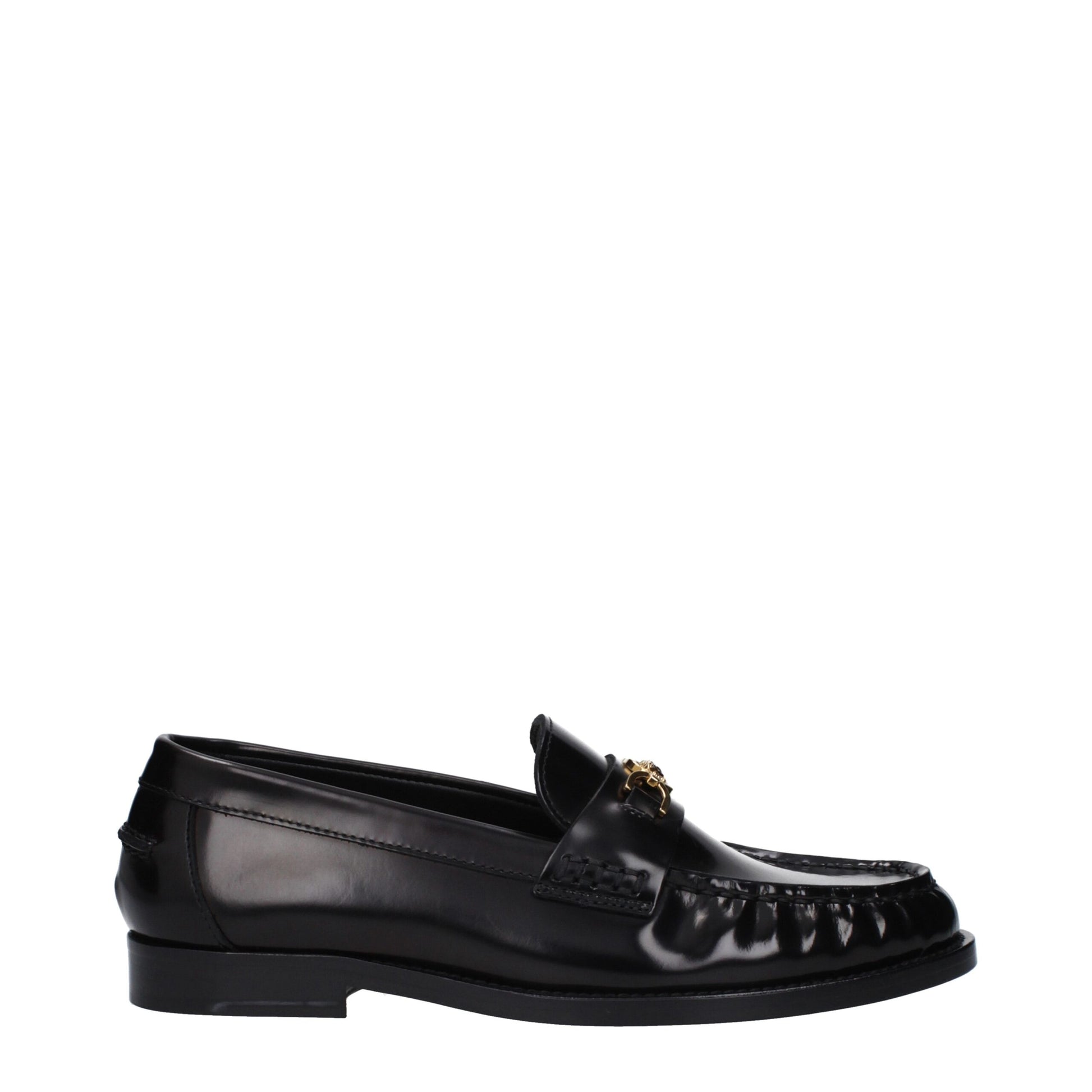 Flat Loafer Slip-On Shoes by Versace for women in leather black showcases a timeless silhouette from the Women's Leather Flat Loafer Slip-On Shoes collection, featuring a timeless flat and round toe style for a timeless finish.