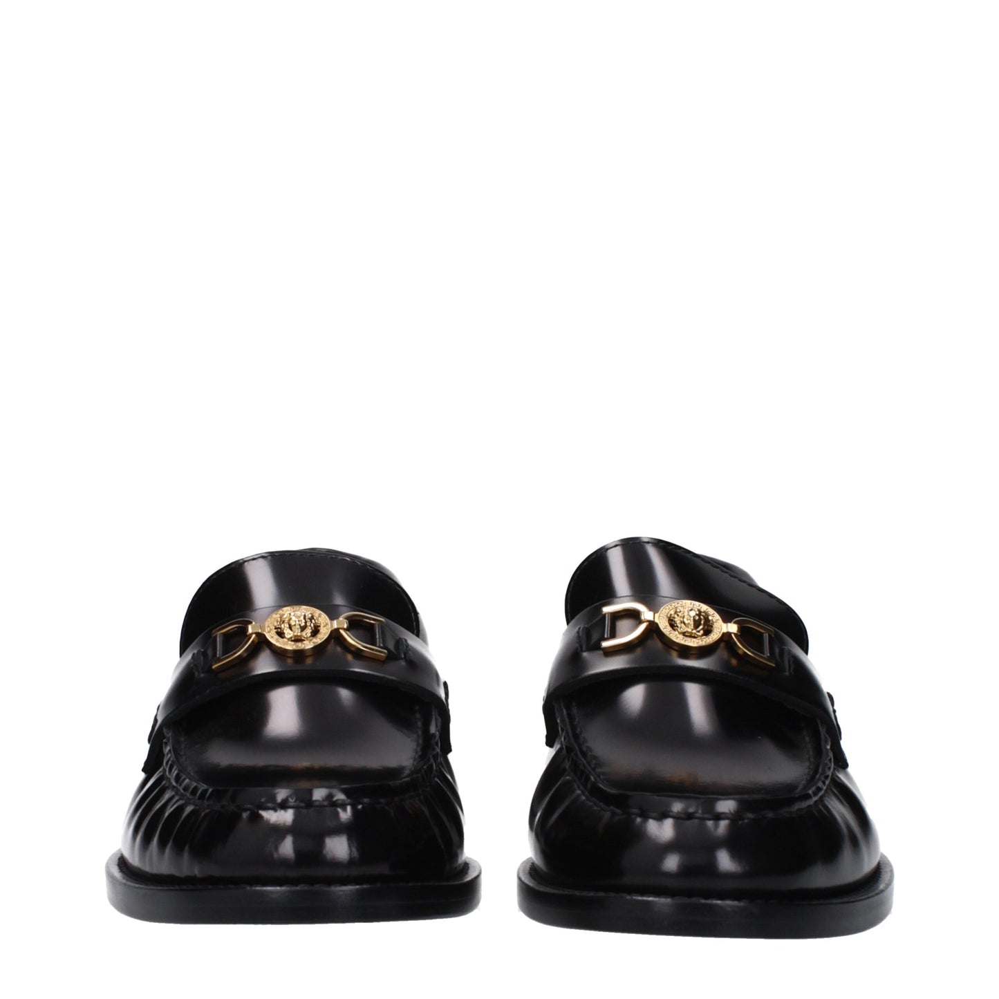 Flat Loafer Slip-On Shoes by Versace for women in leather black features an ergonomic silhouette, perfectly showcasing Women's Leather Flat Loafer Slip-On Shoes with its distinct flat and elegant round toe style.