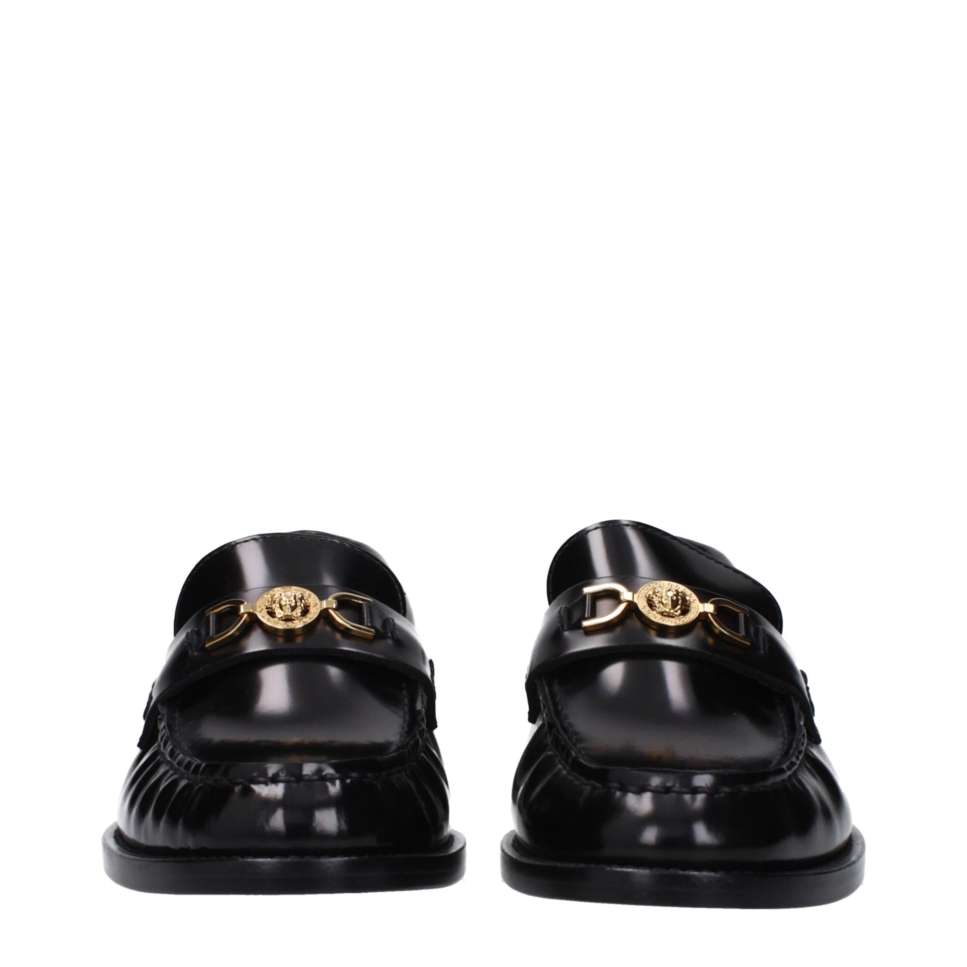 Flat Loafer Slip-On Shoes by Versace for women in leather black features an ergonomic silhouette, perfectly showcasing Women's Leather Flat Loafer Slip-On Shoes with its distinct flat and elegant round toe style.