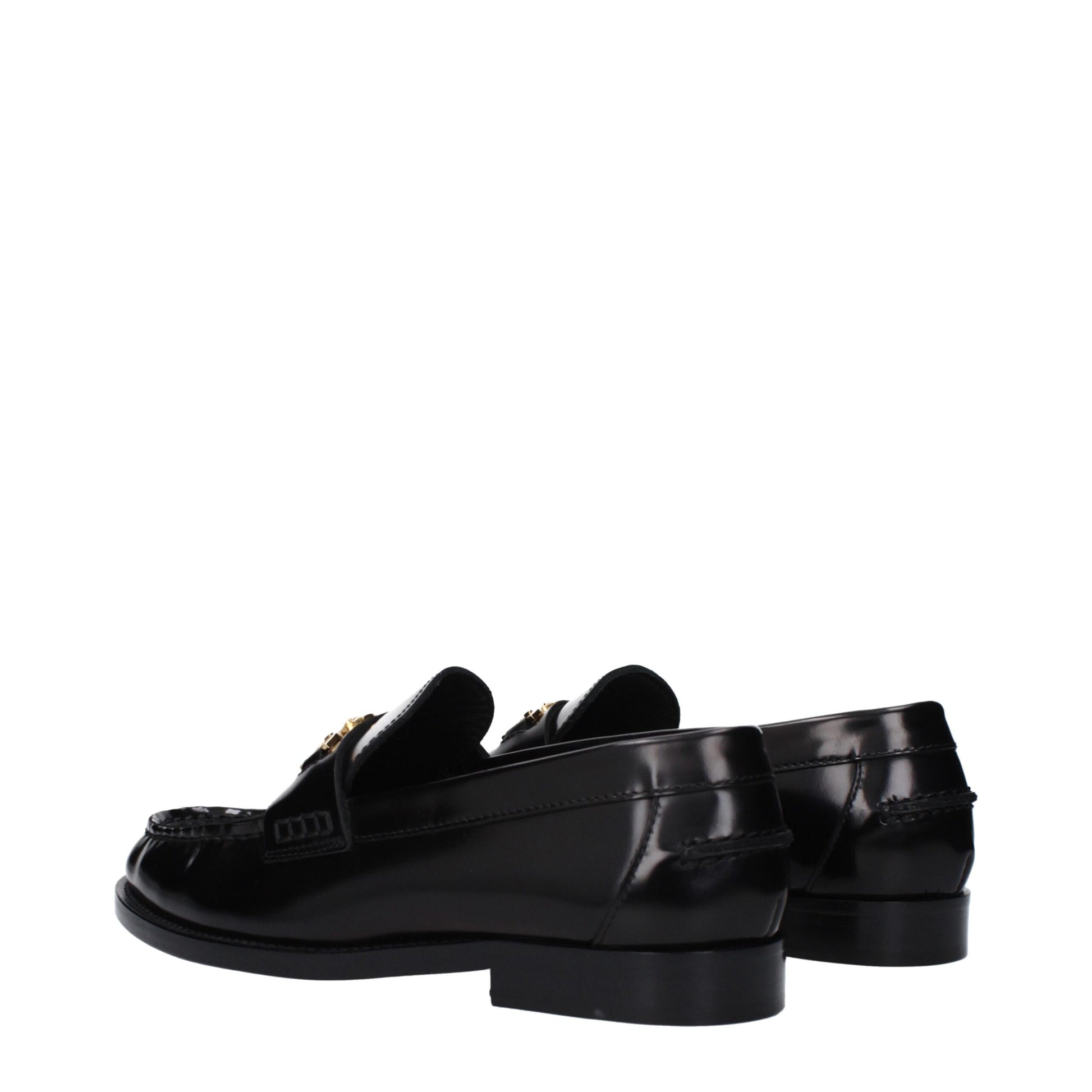 Flat Loafer Slip-On Shoes by Versace for women in leather black features an dynamic silhouette from the Women's Leather Flat Loafer Slip-On Shoes collection, defined by a dynamic round toe style and flat for a dynamic look.