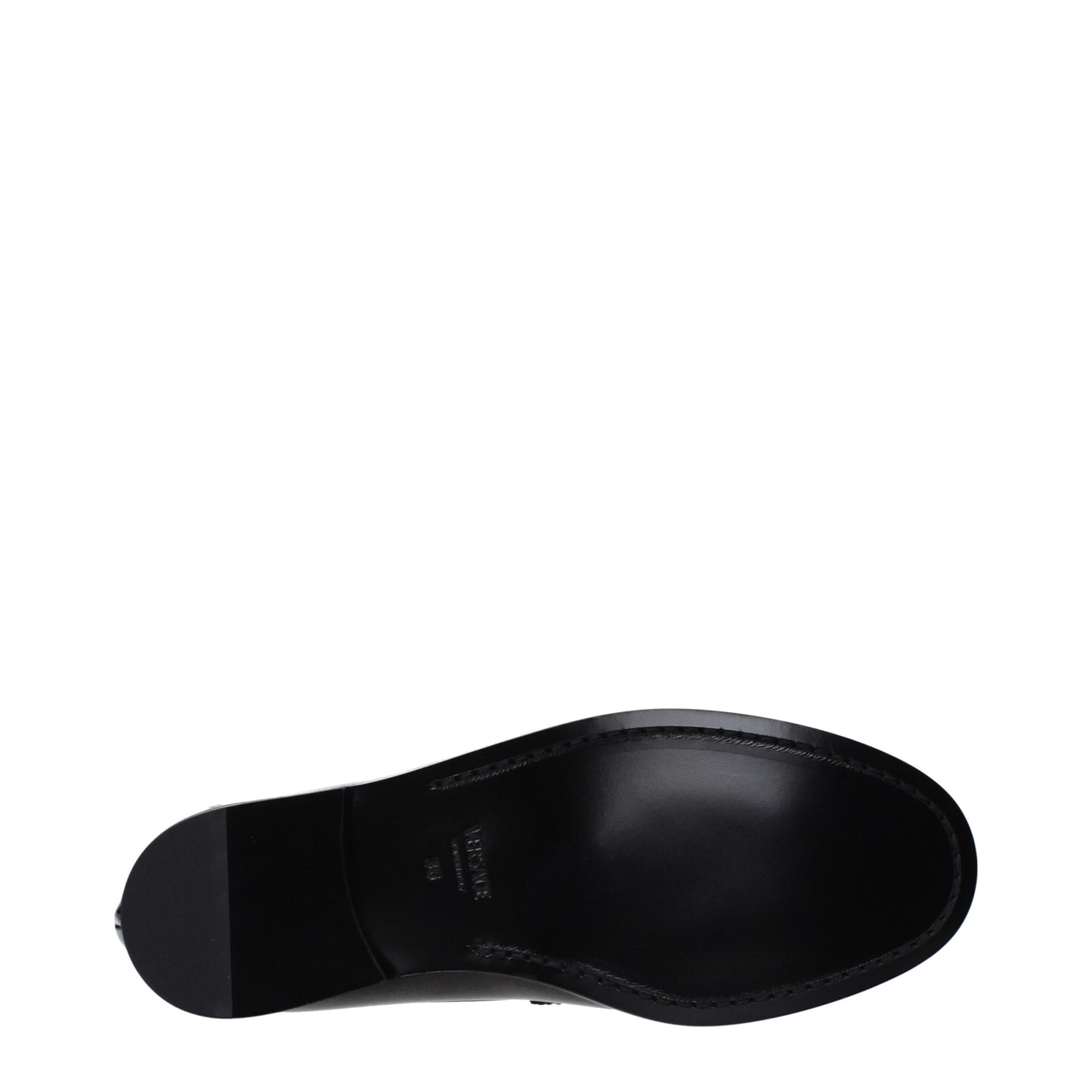 Flat Loafer Slip-On Shoes by Versace for women in leather black showcases a impeccable silhouette as Women's Leather Flat Loafer Slip-On Shoes, artfully designed with a impeccable flat and refined round toe style for a impeccable finish.