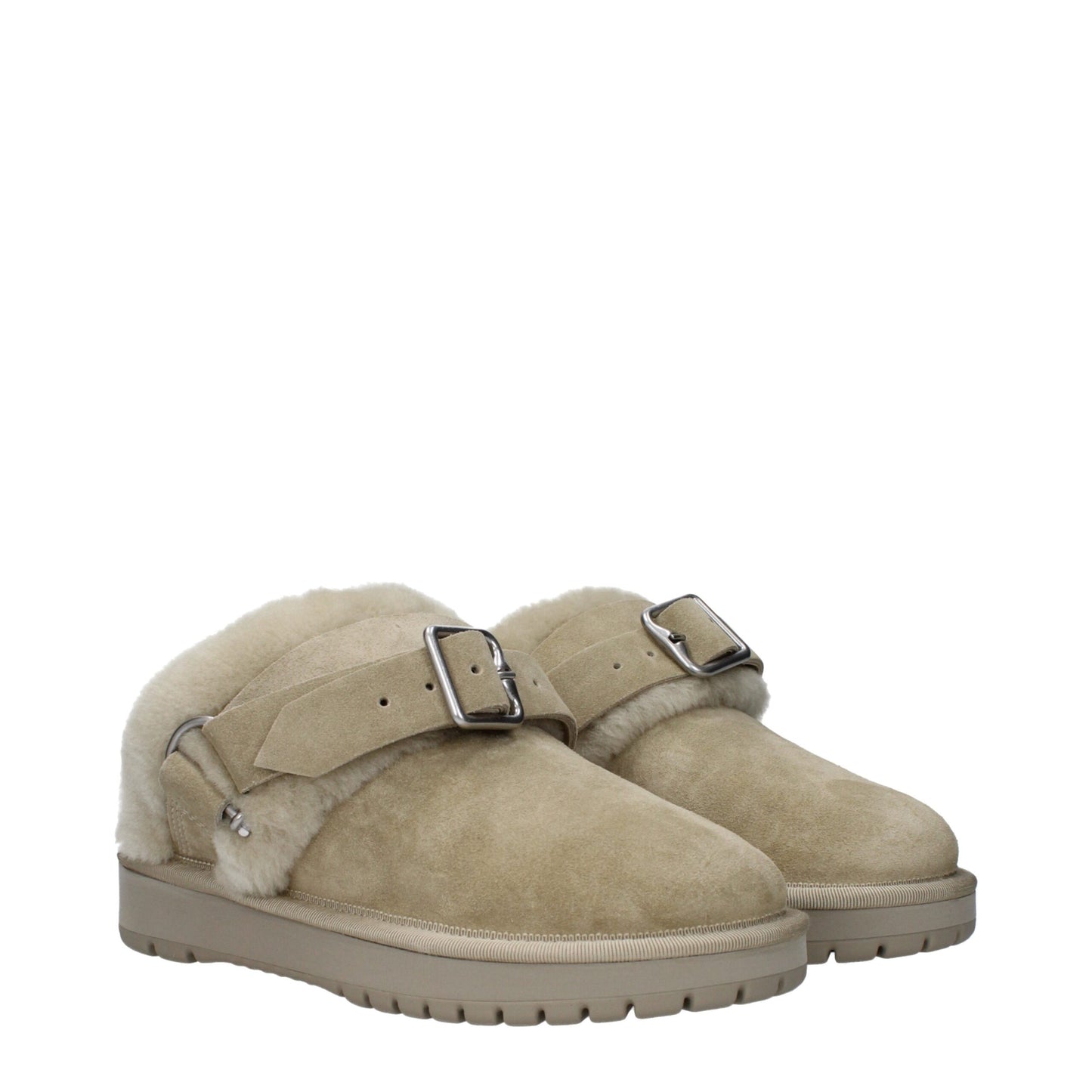 Flat Clogs Sandals by Burberry for women in suede leather & fur green features an architectural design from the Hunter Women's Suede Leather & Fur Flat Clogs Sandals collection, defined by a architectural flat and round toe style for a architectural finish.