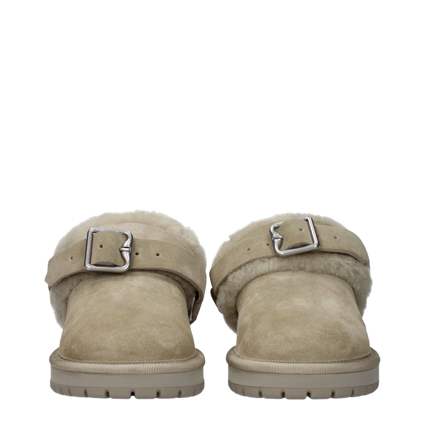 Flat Clogs Sandals by Burberry for women in suede leather & fur green presents a sculptural silhouette, showcasing the Hunter Women's Suede Leather & Fur Flat Clogs Sandals design with a sculptural flat and round toe style for a premium look.