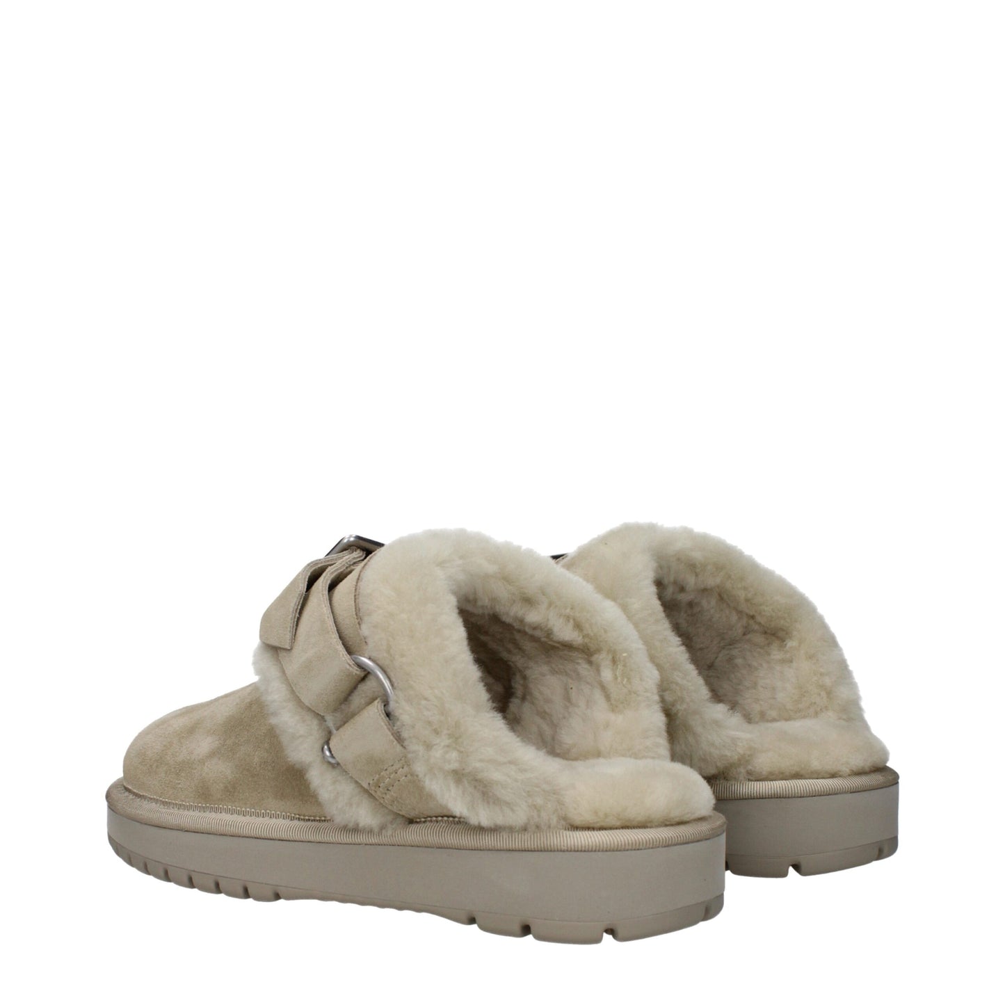Flat Clogs Sandals by Burberry for women in suede leather & fur green features an exquisite silhouette, showcasing the exquisite Hunter Women's Suede Leather & Fur Flat Clogs Sandals with a flat and round toe style.