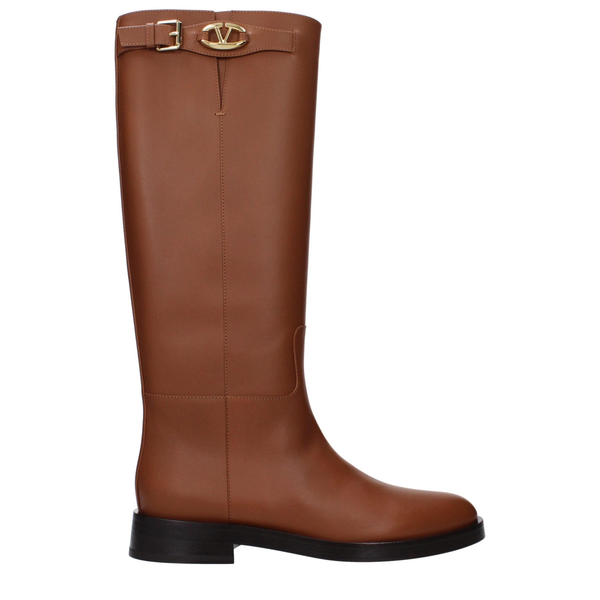 Flat Boots by Valentino Garavani for women in leather brown features an high-performance silhouette, showcasing the sophisticated design of the Women's Leather Flat Boots with a flat and a refined round toe style.