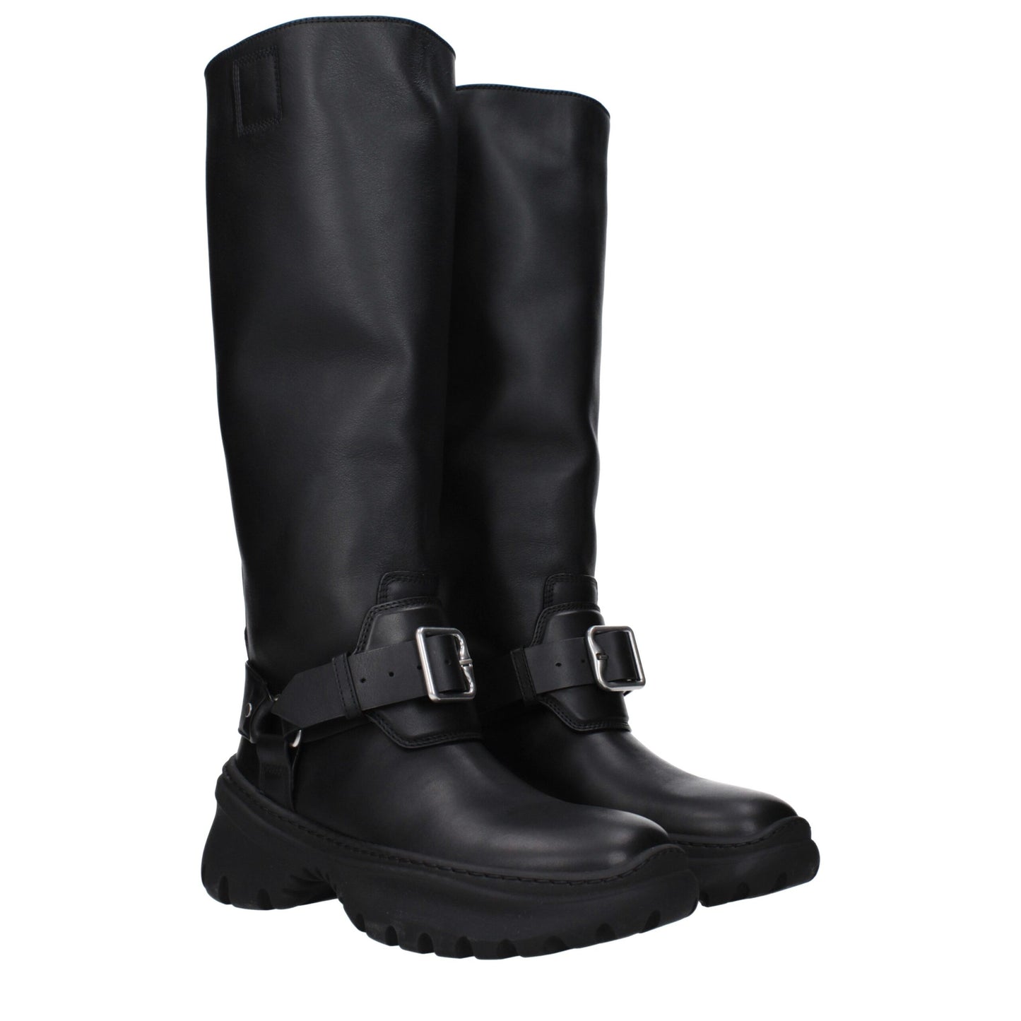 Mid-Heel Boots by Burberry for women in leather & rubber black & silver features an high-performance silhouette, showcasing the sophisticated design of the Women's Leather & Rubber Mid-Heel Boots with a 5-cm-heel mid-heel and a refined round toe style.