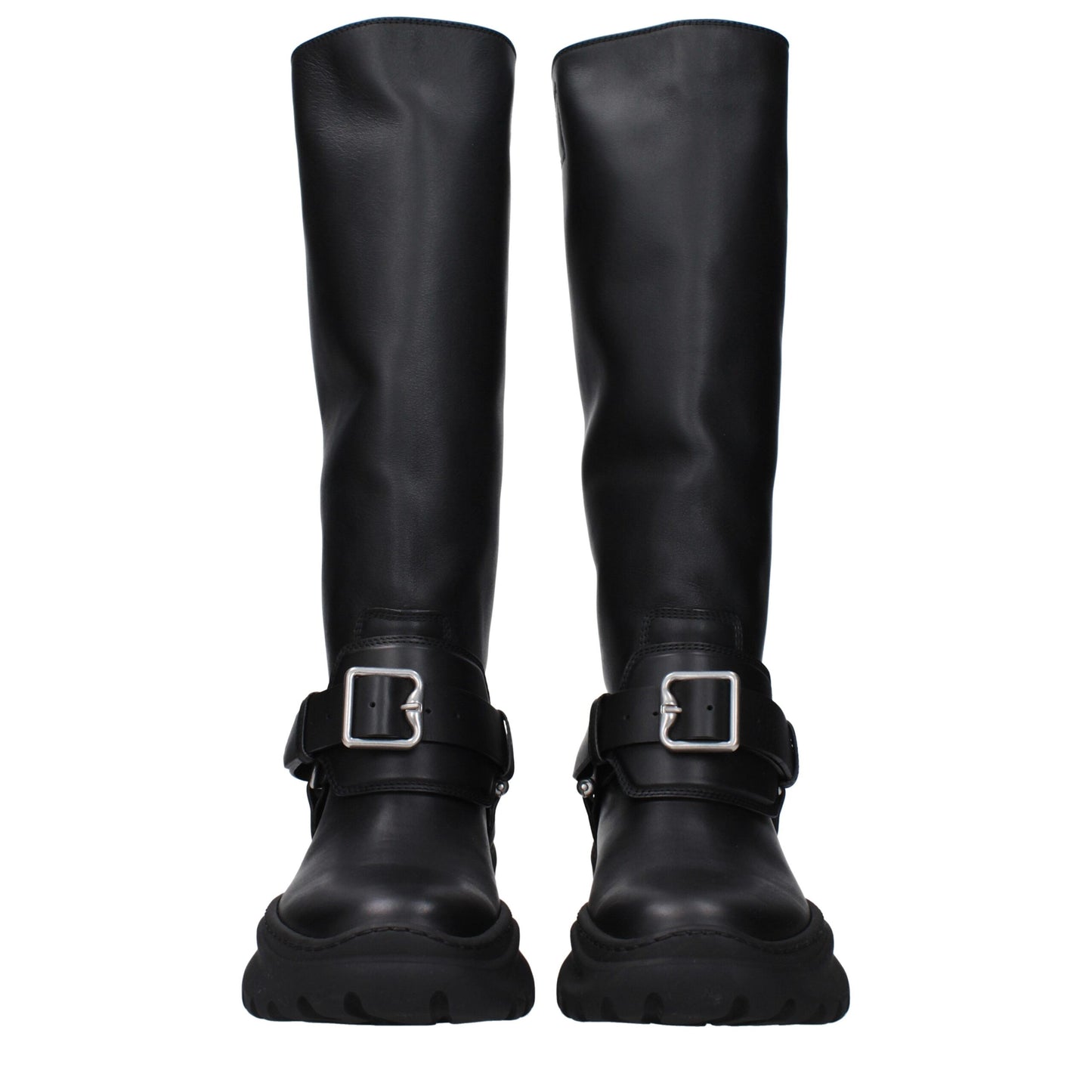 Mid-Heel Boots by Burberry for women in leather & rubber black & silver features an dynamic silhouette, showcasing the dynamic Women's Leather & Rubber Mid-Heel Boots design with its distinctive 5-cm-heel mid-heel and elegant round toe style.
