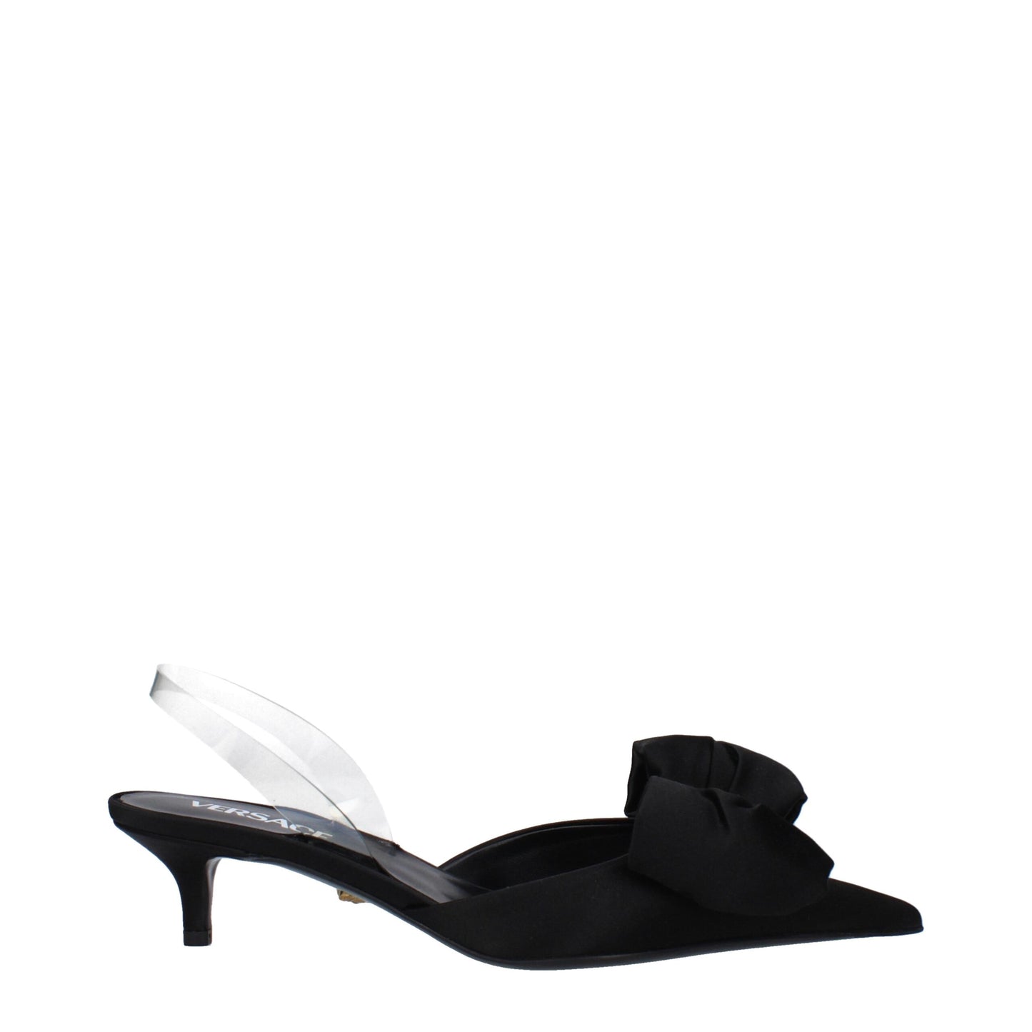 Mid-Heel Sandals by Versace for women in leather & satin black & transparent features an statuesque Women's Leather & Satin Mid-Heel Sandals silhouette with a refined 4-5-cm-heel mid-heel and elegant .
