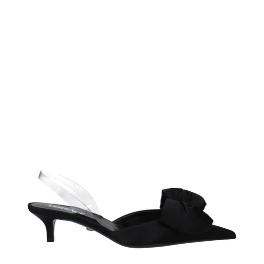 Mid-Heel Sandals by Versace for women in leather & satin black & transparent features an statuesque Women's Leather & Satin Mid-Heel Sandals silhouette with a refined 4-5-cm-heel mid-heel and elegant .
