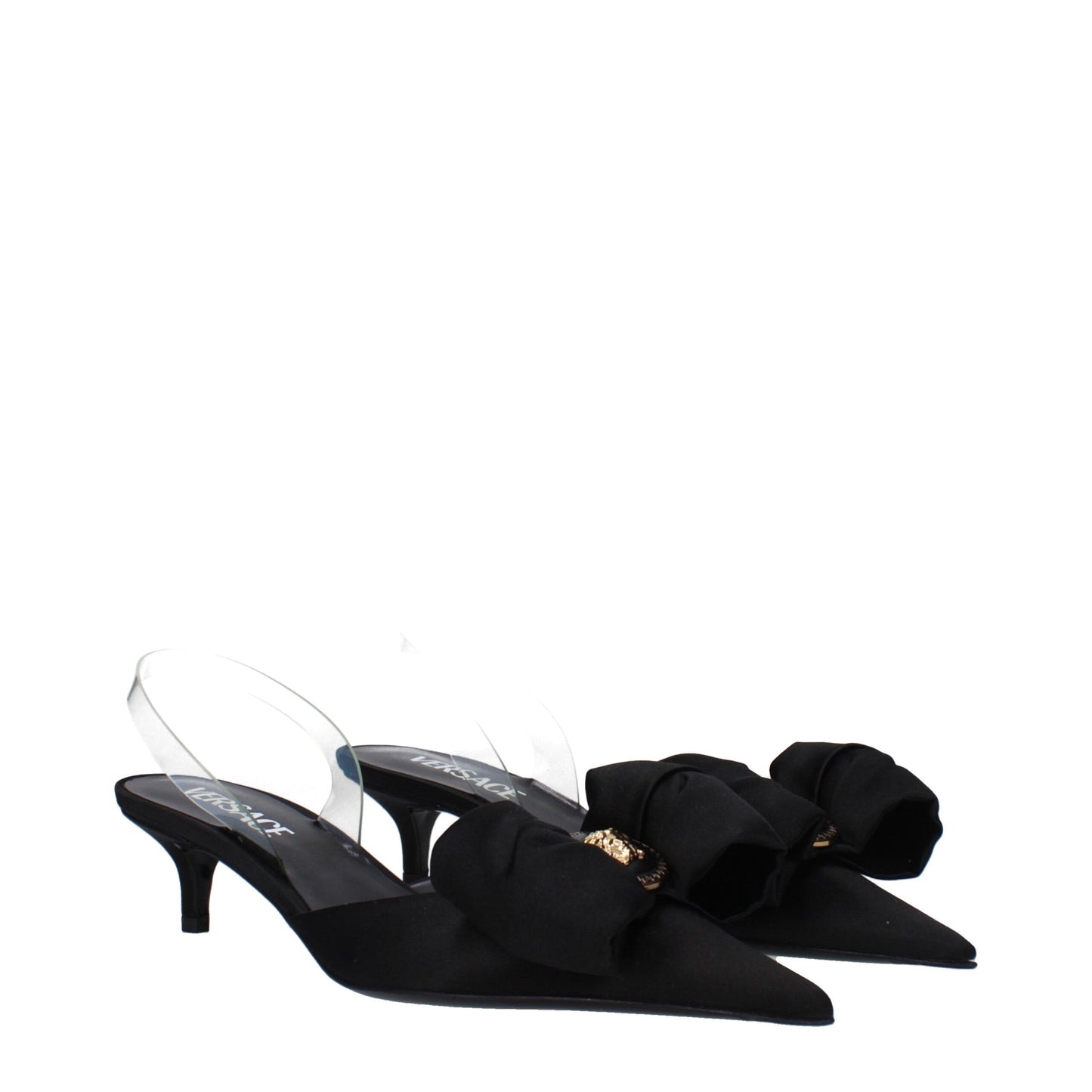 Mid-Heel Sandals by Versace for women in leather & satin and black & transparent presents a captivating silhouette, showcasing the signature style of the Women's Leather & Satin Mid-Heel Sandals with a captivating 4-5-cm-heel mid-heel and captivating .