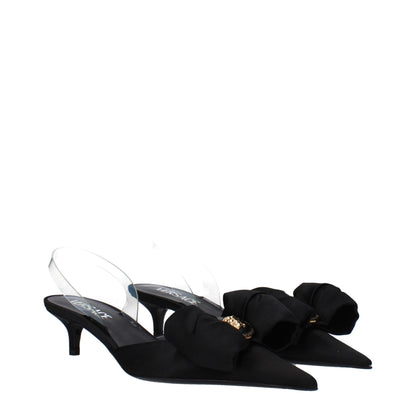 Mid-Heel Sandals by Versace for women in leather & satin and black & transparent presents a captivating silhouette, showcasing the signature style of the Women's Leather & Satin Mid-Heel Sandals with a captivating 4-5-cm-heel mid-heel and captivating .