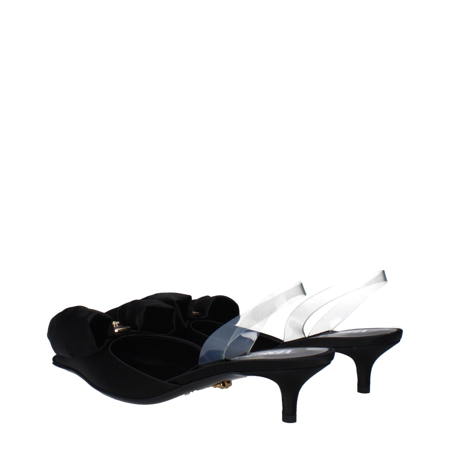 Mid-Heel Sandals by Versace for women in leather & satin black & transparent presents a sculptural silhouette, showcasing the Women's Leather & Satin Mid-Heel Sandals design with a sculptural 4-5-cm-heel mid-heel and for a premium look.