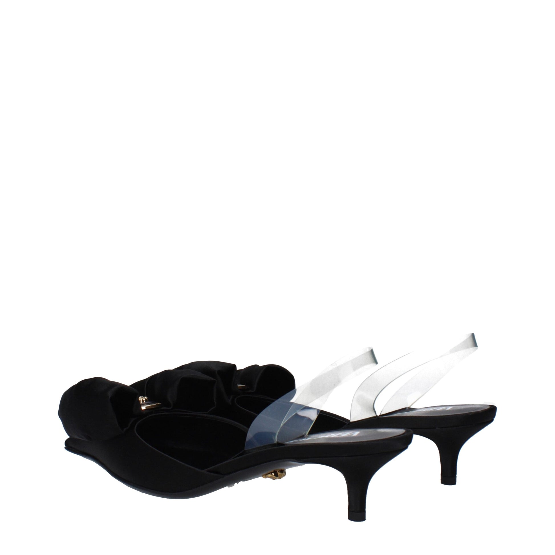Mid-Heel Sandals by Versace for women in leather & satin black & transparent presents a sculptural silhouette, showcasing the Women's Leather & Satin Mid-Heel Sandals design with a sculptural 4-5-cm-heel mid-heel and for a premium look.