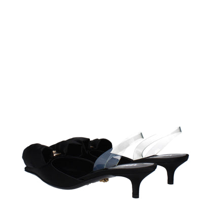 Mid-Heel Sandals by Versace for women in leather & satin black & transparent presents a sculptural silhouette, showcasing the Women's Leather & Satin Mid-Heel Sandals design with a sculptural 4-5-cm-heel mid-heel and for a premium look.