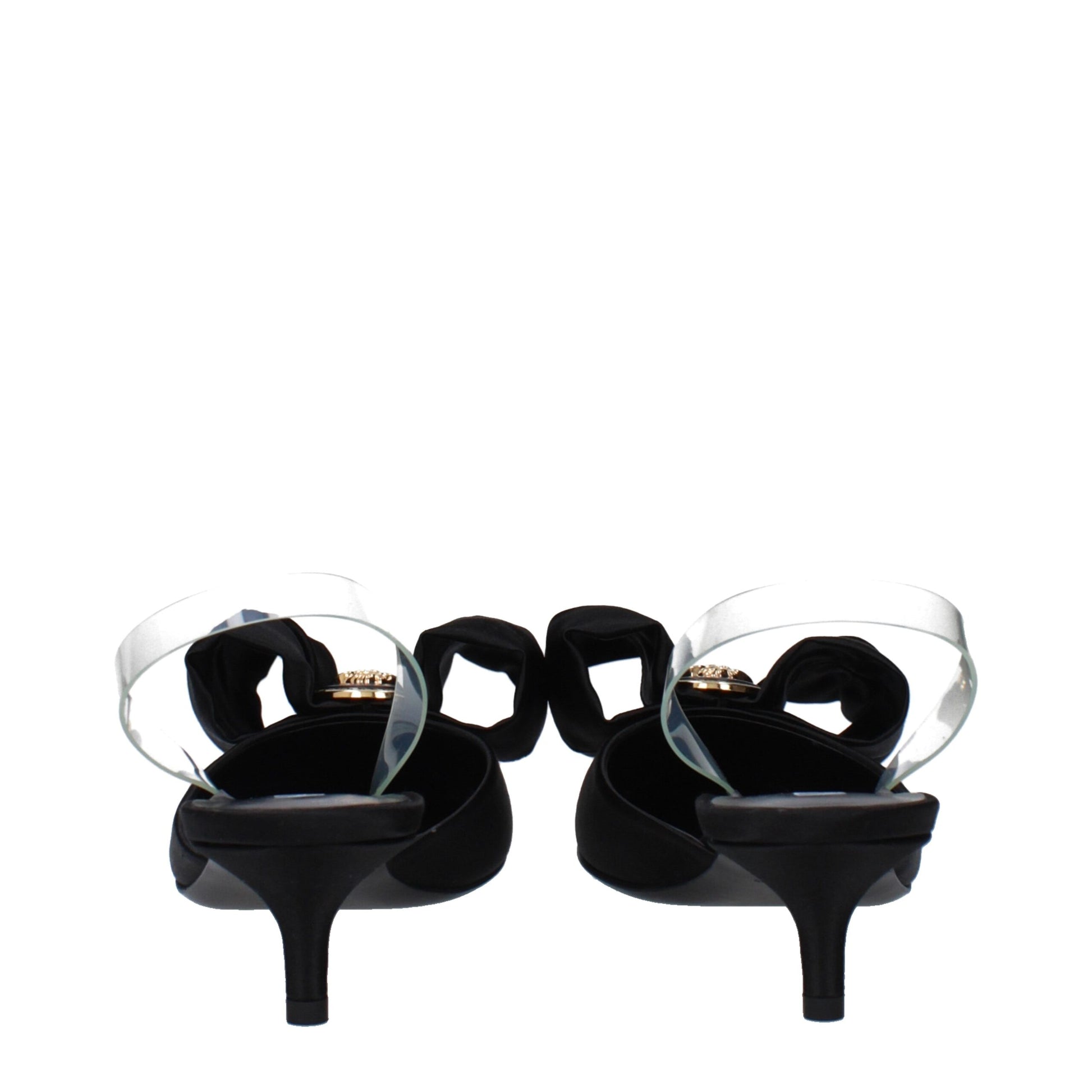 Mid-Heel Sandals by Versace for women in leather & satin black & transparent features an effortlessly chic silhouette from the Women's Leather & Satin Mid-Heel Sandals collection, showcasing a effortlessly chic 4-5-cm-heel mid-heel and elegant .