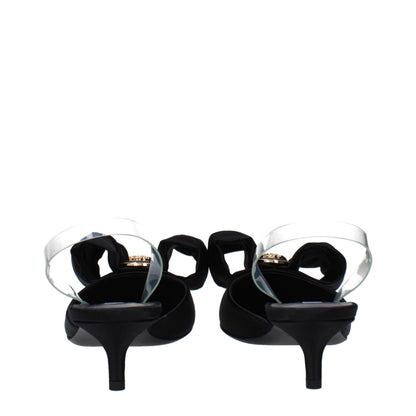 Mid-Heel Sandals by Versace for women in leather & satin black & transparent features an effortlessly chic silhouette from the Women's Leather & Satin Mid-Heel Sandals collection, showcasing a effortlessly chic 4-5-cm-heel mid-heel and elegant .