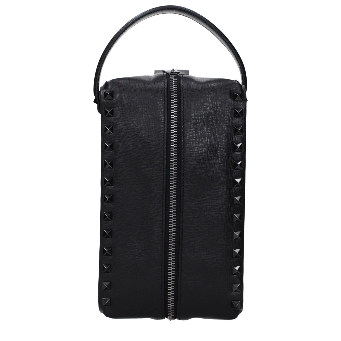 Small Clutch Handbag by Valentino Garavani for men in leather black features a statuesque silhouette, showcasing a secure zipper and organized external-pockets with versatile shoulder-strap, adjustable-strap & handle for statuesque evening wear.