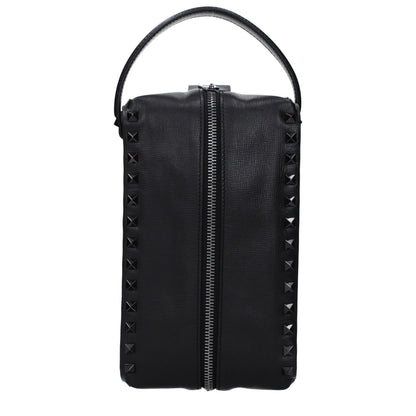 Small Clutch Handbag by Valentino Garavani for men in leather black features a statuesque silhouette, showcasing a secure zipper and organized external-pockets with versatile shoulder-strap, adjustable-strap & handle for statuesque evening wear.