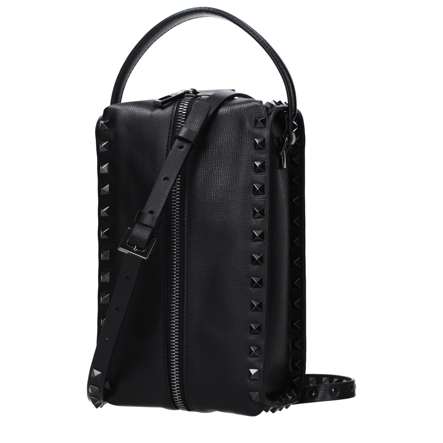 Small Clutch Handbag by Valentino Garavani for men in leather black showcases a sculptural silhouette, featuring a secure zipper, ample external-pockets, and versatile shoulder-strap, adjustable-strap & handle for a sculptural finish.