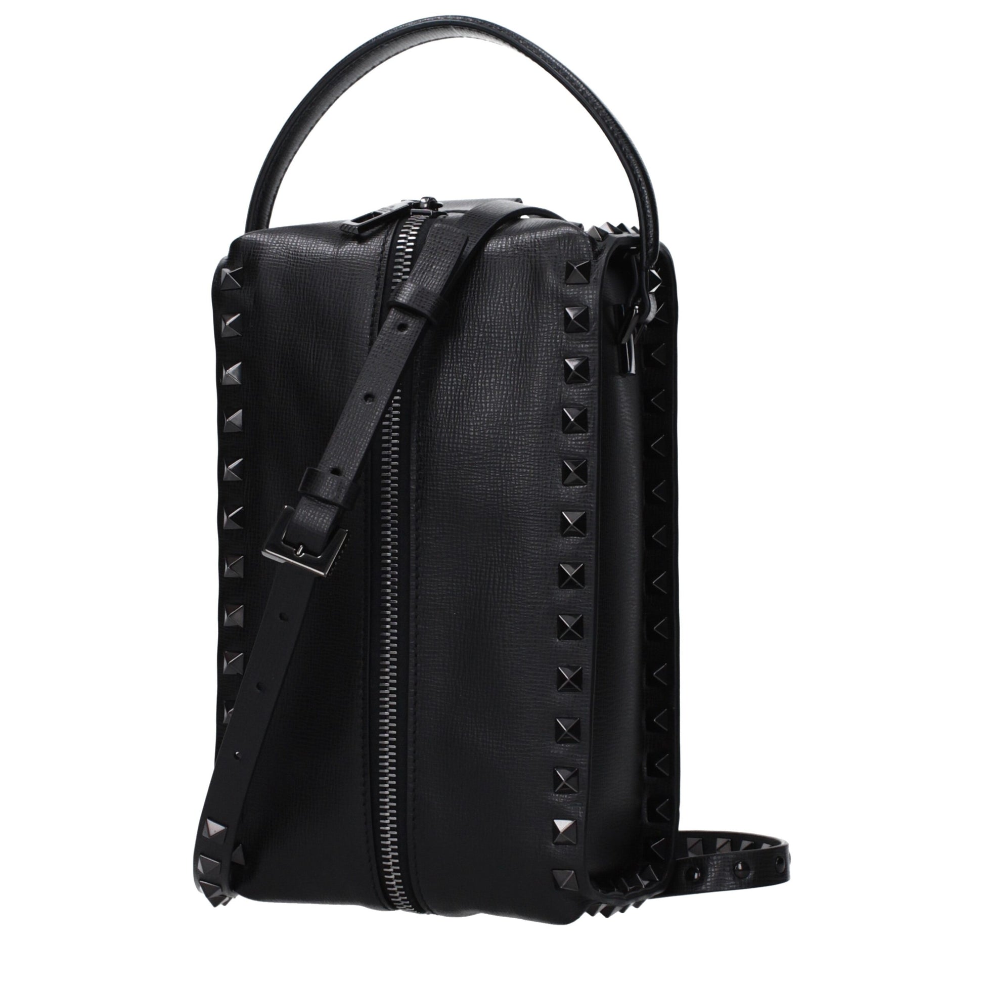 Small Clutch Handbag by Valentino Garavani for men in leather black showcases a sculptural silhouette, featuring a secure zipper, ample external-pockets, and versatile shoulder-strap, adjustable-strap & handle for a sculptural finish.