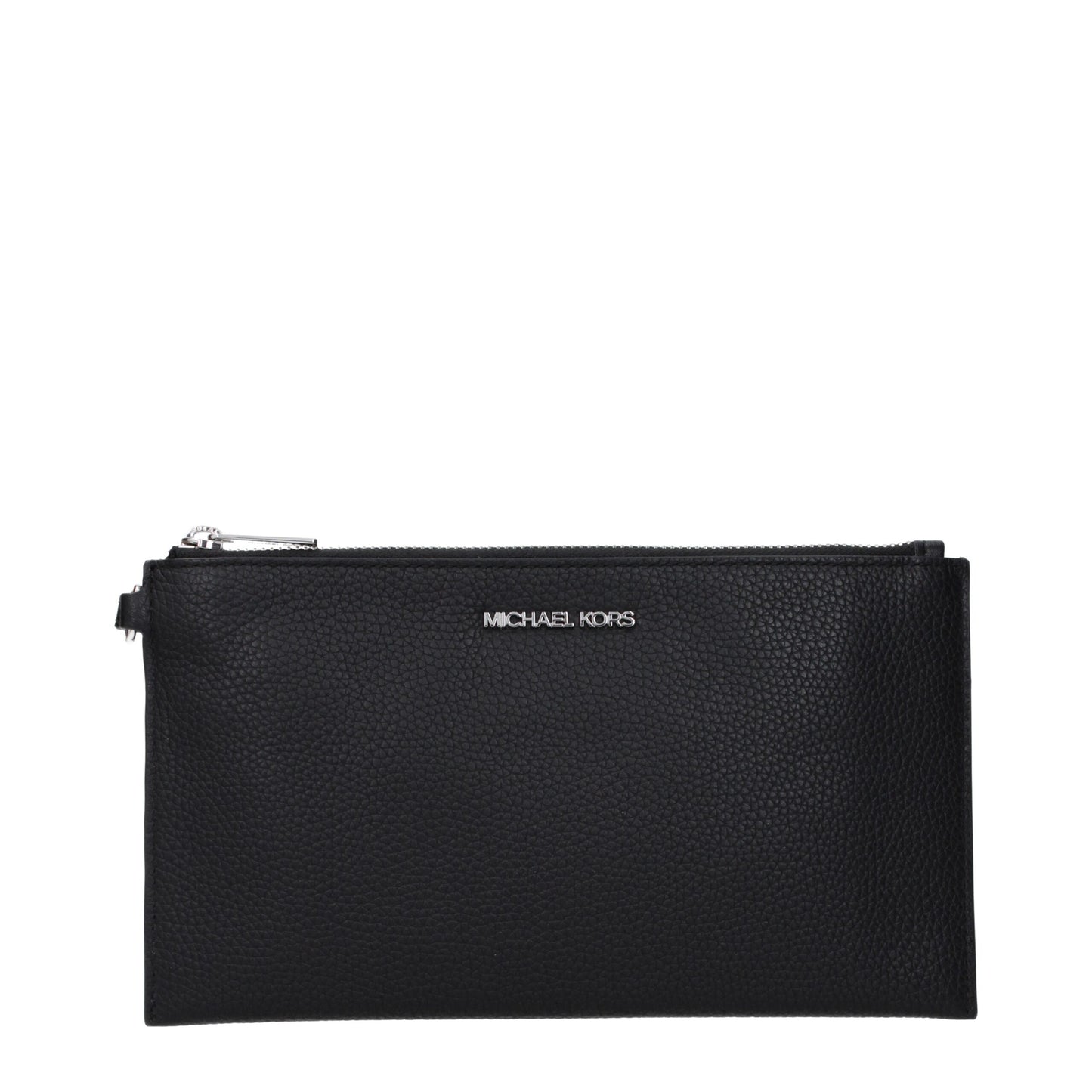 Large Clutch Handbag by Michael Kors for women in leather black & silver features a architectural silhouette, showcasing a secure zipper, ample , and versatile handle for a architectural finish.