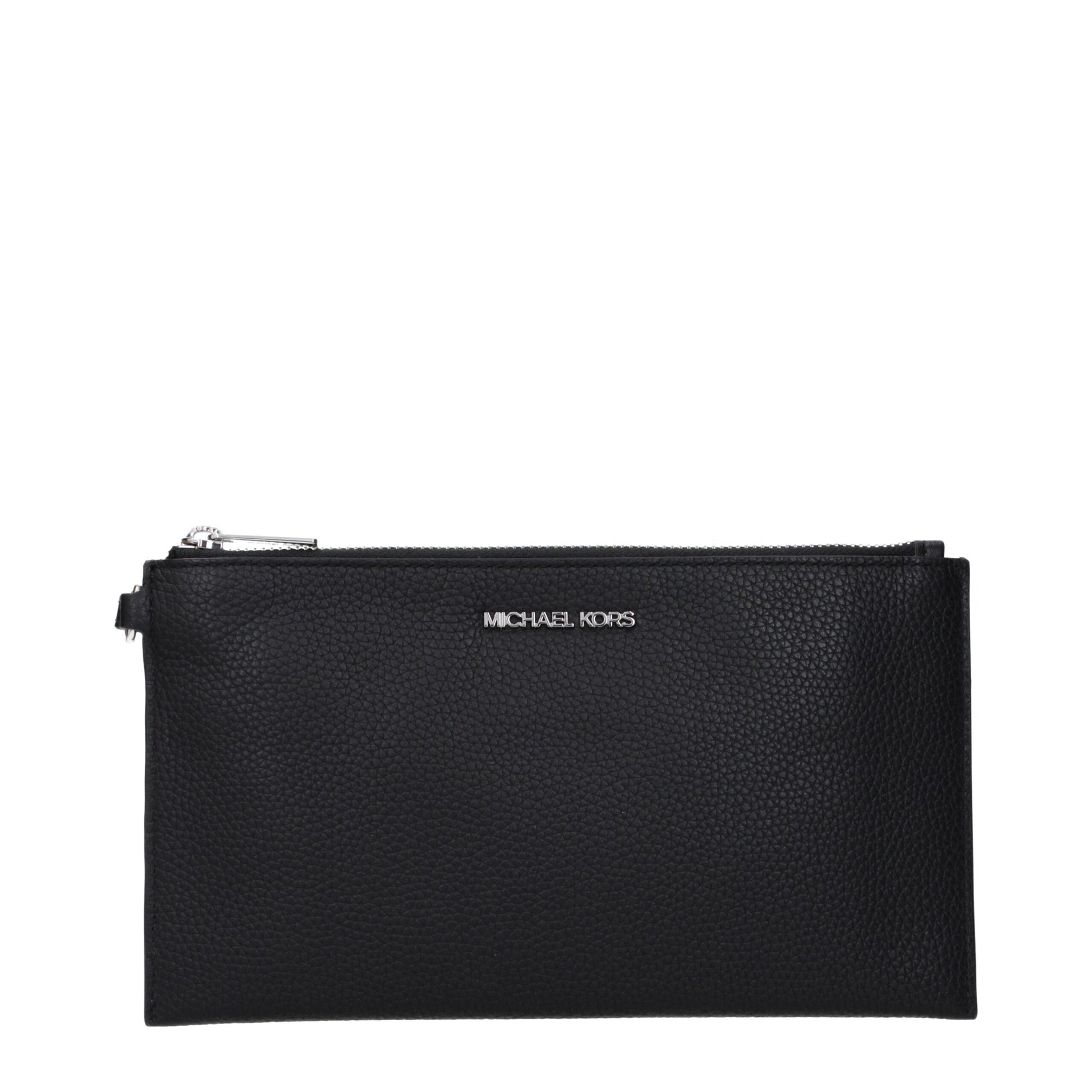 Large Clutch Handbag by Michael Kors for women in leather black & silver features a architectural silhouette, showcasing a secure zipper, ample , and versatile handle for a architectural finish.