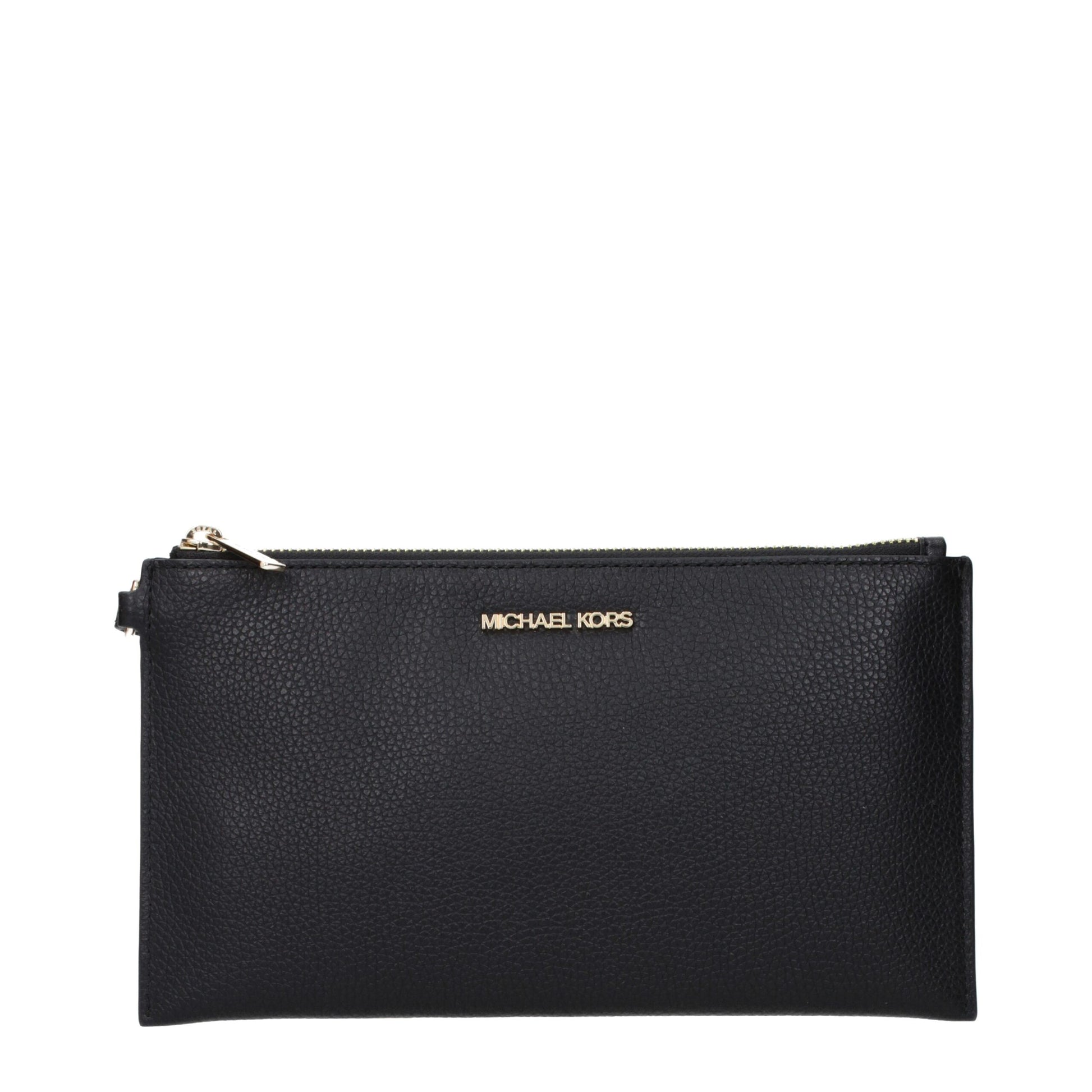 Large Clutch Handbag by Michael Kors for women in leather black & gold features an sculptural silhouette, showcasing a secure zipper and sculptural with versatile handle for a sophisticated look.