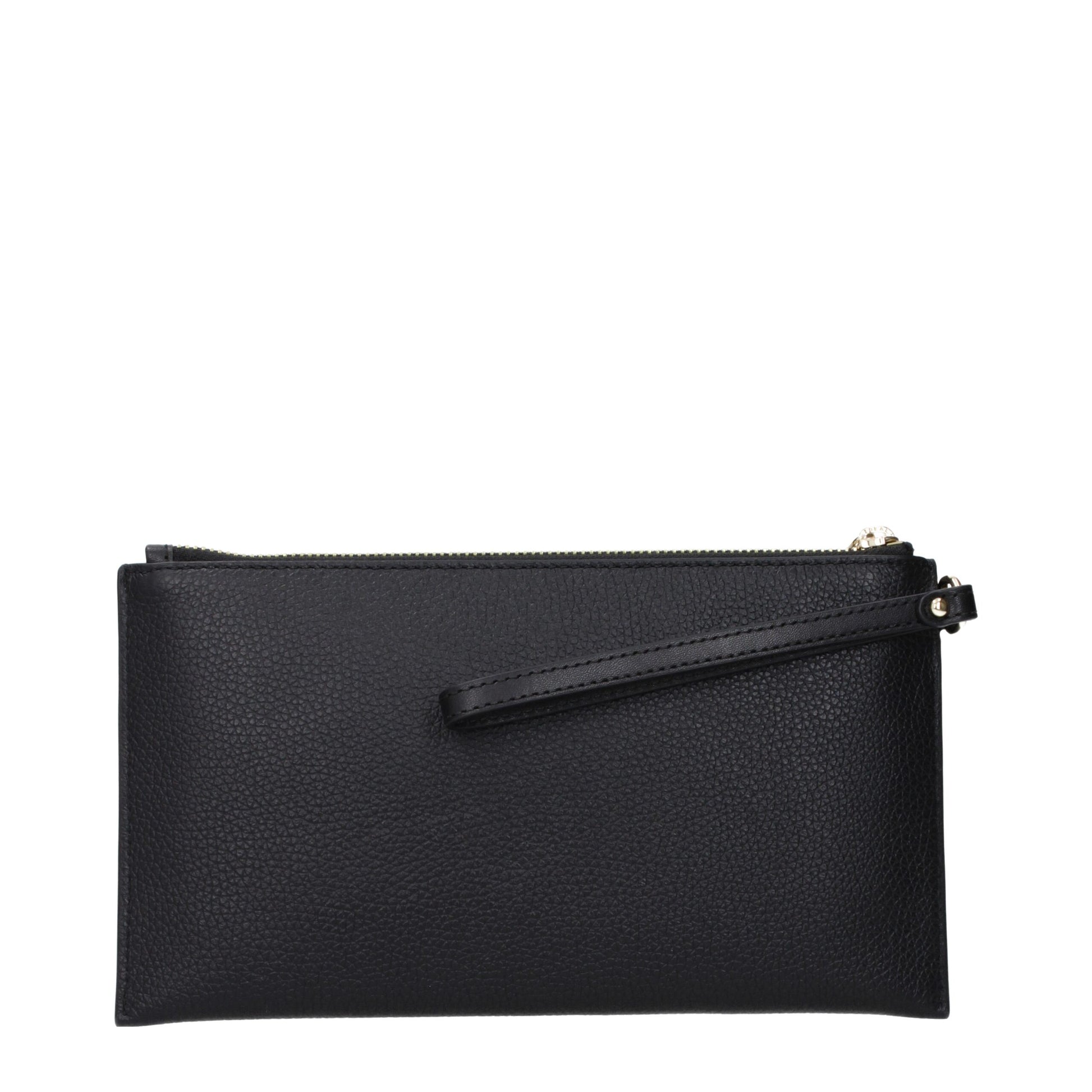 Large Clutch Handbag by Michael Kors for women in leather black & gold features a sculptural silhouette with a secure zipper, ample , and versatile handle for a sculptural finish.