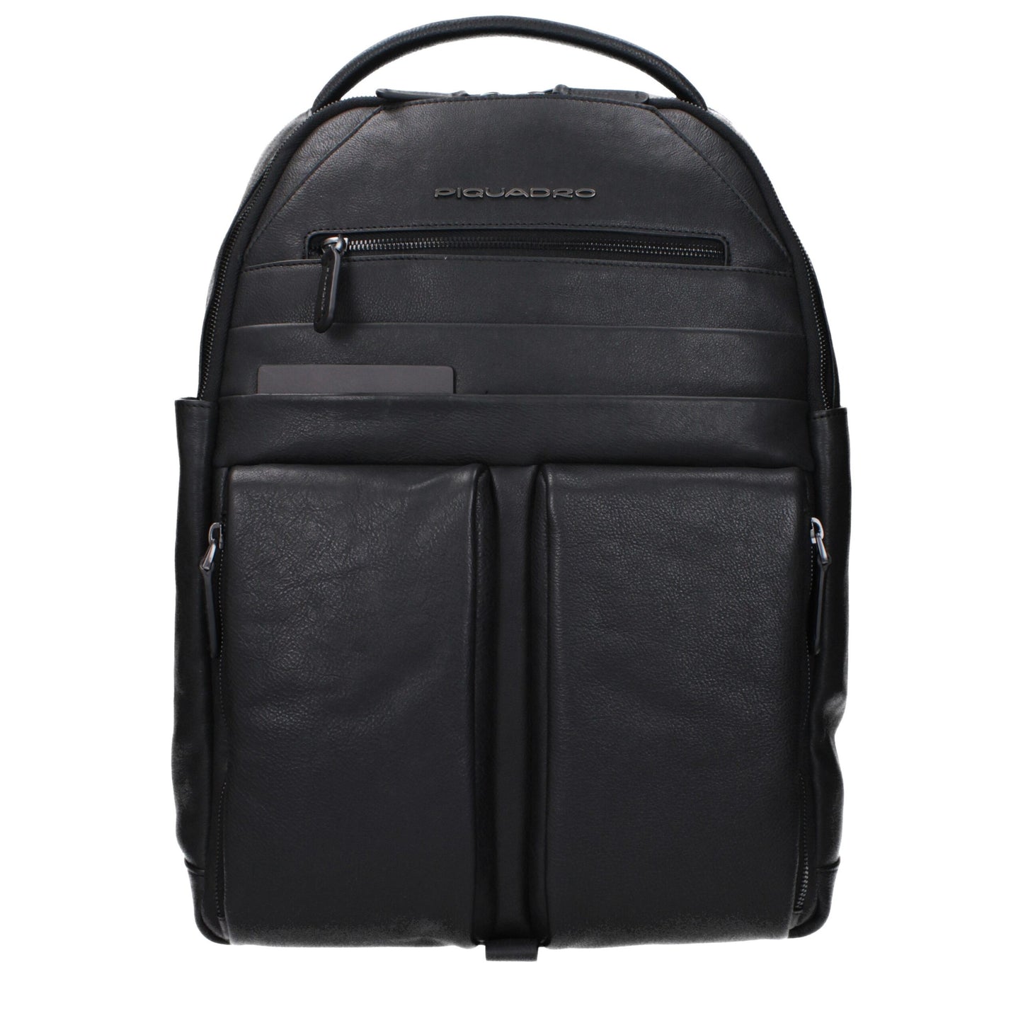 Large Backpack by Piquadro for men in faux patent leather black showcases a stately Faux Patent Leather Large Backpack design, featuring a secure zipper with stately built-in-compartments & external-pockets and versatile backpack-strap, adjustable-strap & handle.