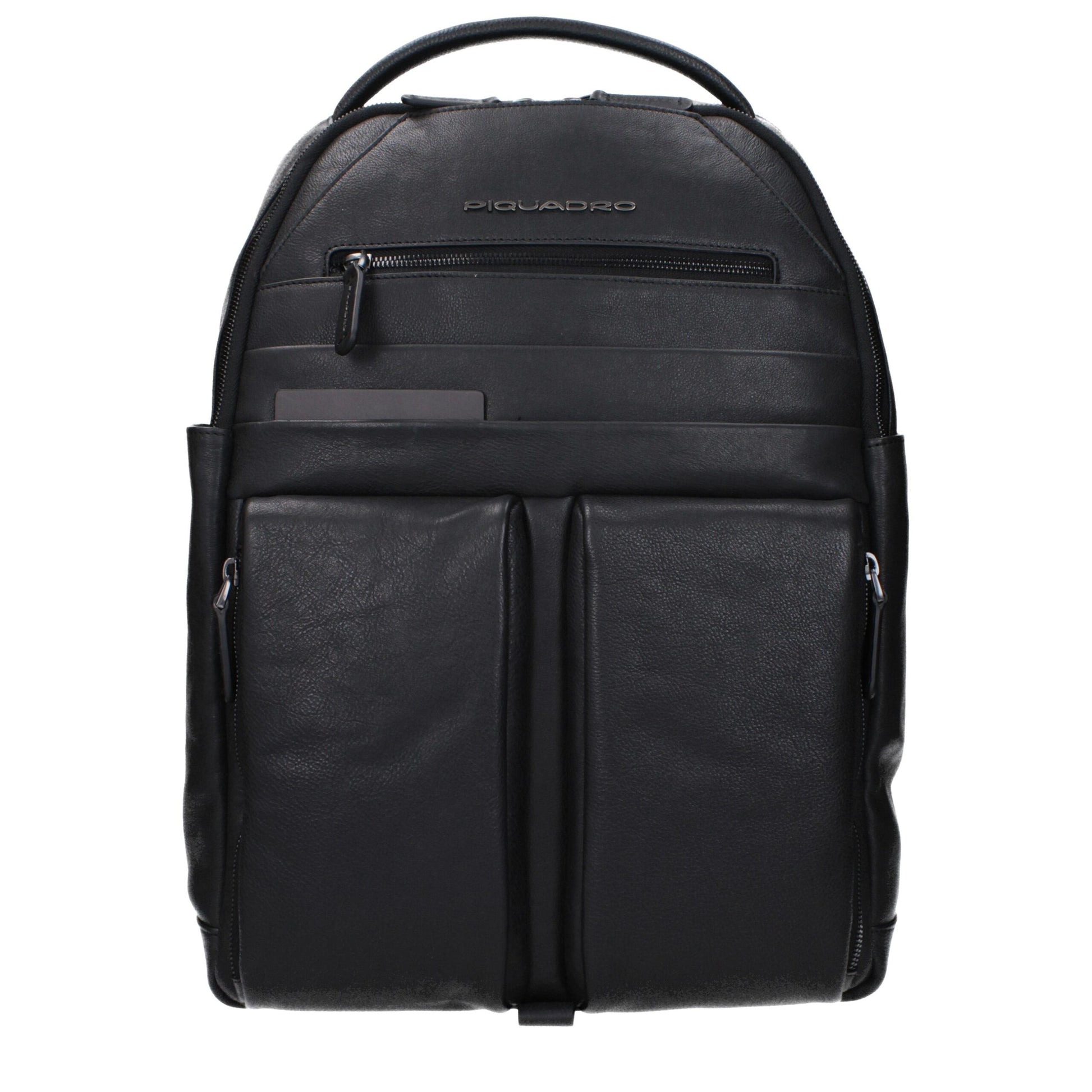 Large Backpack by Piquadro for men in faux patent leather black showcases a stately Faux Patent Leather Large Backpack design, featuring a secure zipper with stately built-in-compartments & external-pockets and versatile backpack-strap, adjustable-strap & handle.