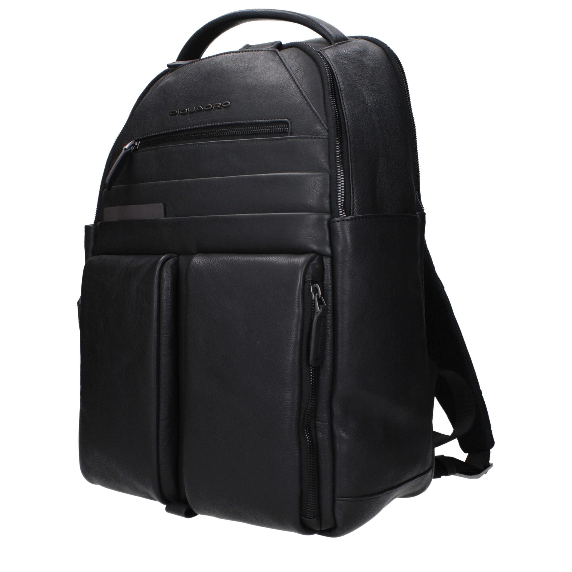 Large Backpack by Piquadro for men in faux patent leather black showcases an architectural Faux Patent Leather Large Backpack design, featuring a secure zipper, ample built-in-compartments & external-pockets, and architectural backpack-strap, adjustable-strap & handle for a sophisticated look.