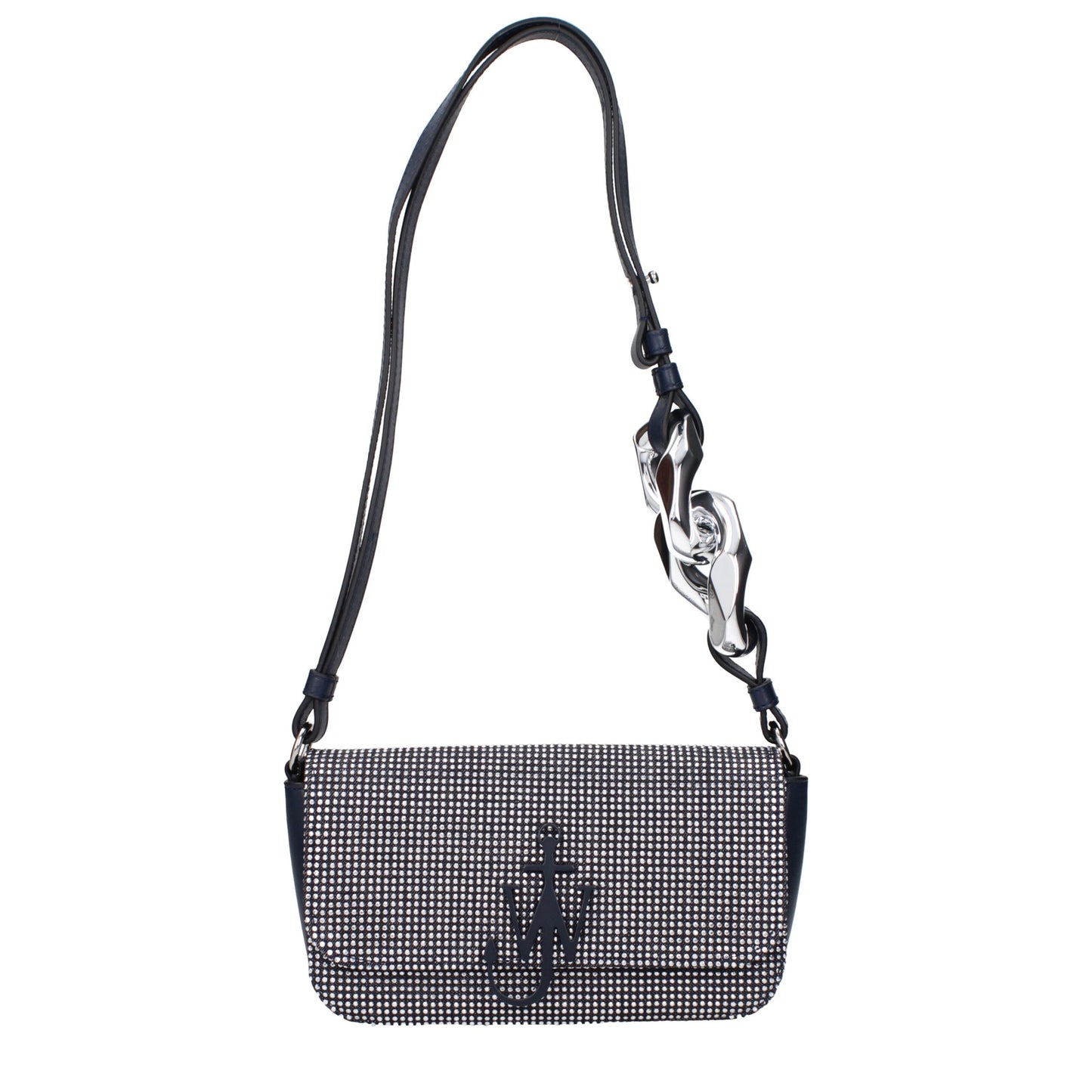 Small Shoulder Bag by J.W.Anderson for women in leather blue & silver features an effortlessly chic silhouette with a secure button, ample cardholder, and versatile shoulder-strap, adjustable-strap & handle for effortlessly chic everyday luxury.