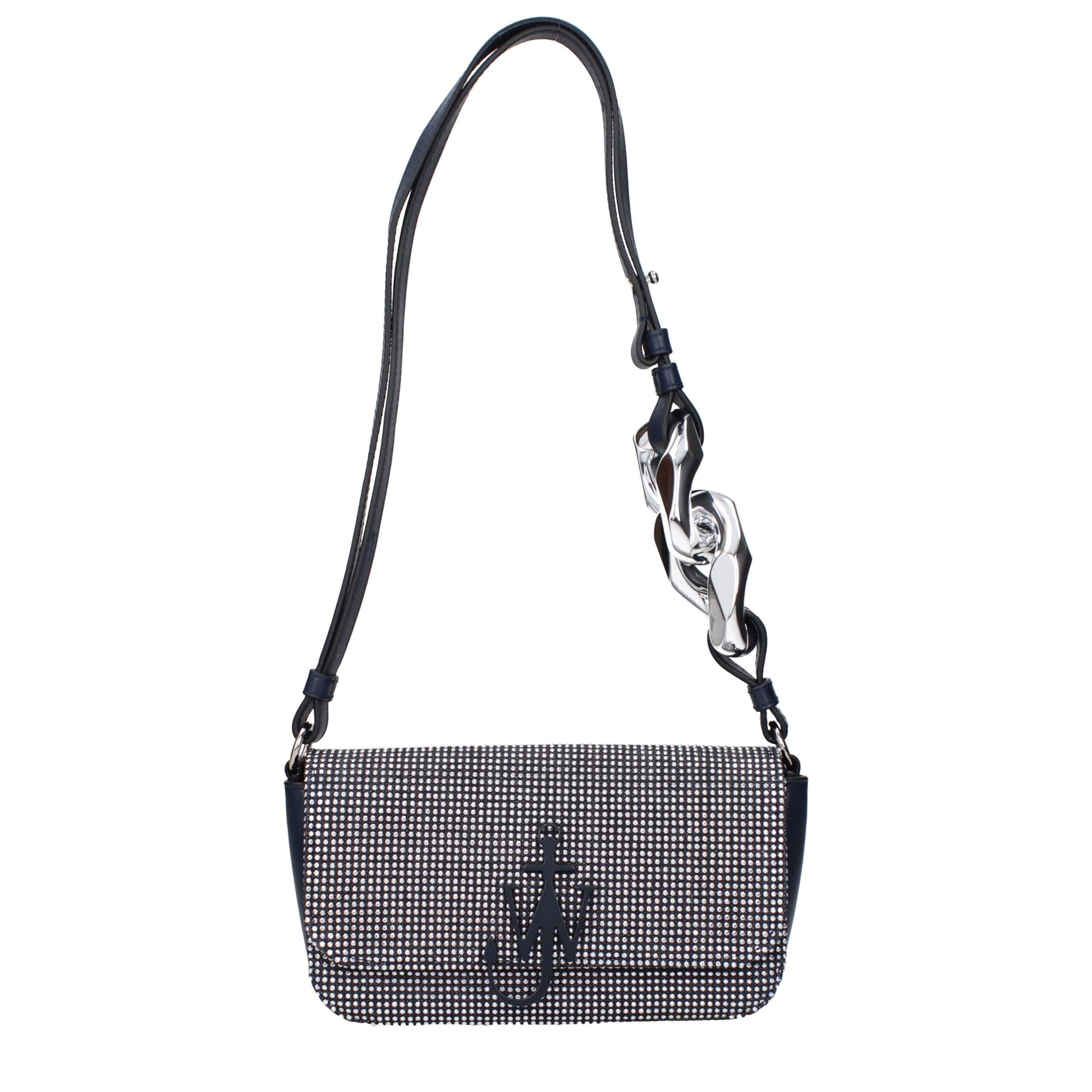 Small Shoulder Bag by J.W.Anderson for women in leather blue & silver features an effortlessly chic silhouette with a secure button, ample cardholder, and versatile shoulder-strap, adjustable-strap & handle for effortlessly chic everyday luxury.
