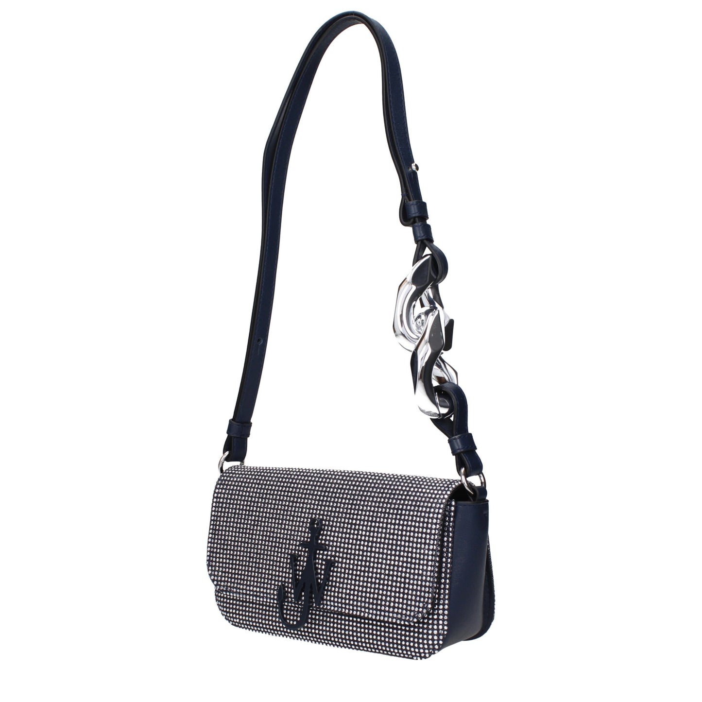 Small Shoulder Bag by J.W.Anderson for women in leather blue & silver showcases a statuesque silhouette, artfully detailed with a secure button, organized cardholder, and versatile shoulder-strap, adjustable-strap & handle for a statuesque look.