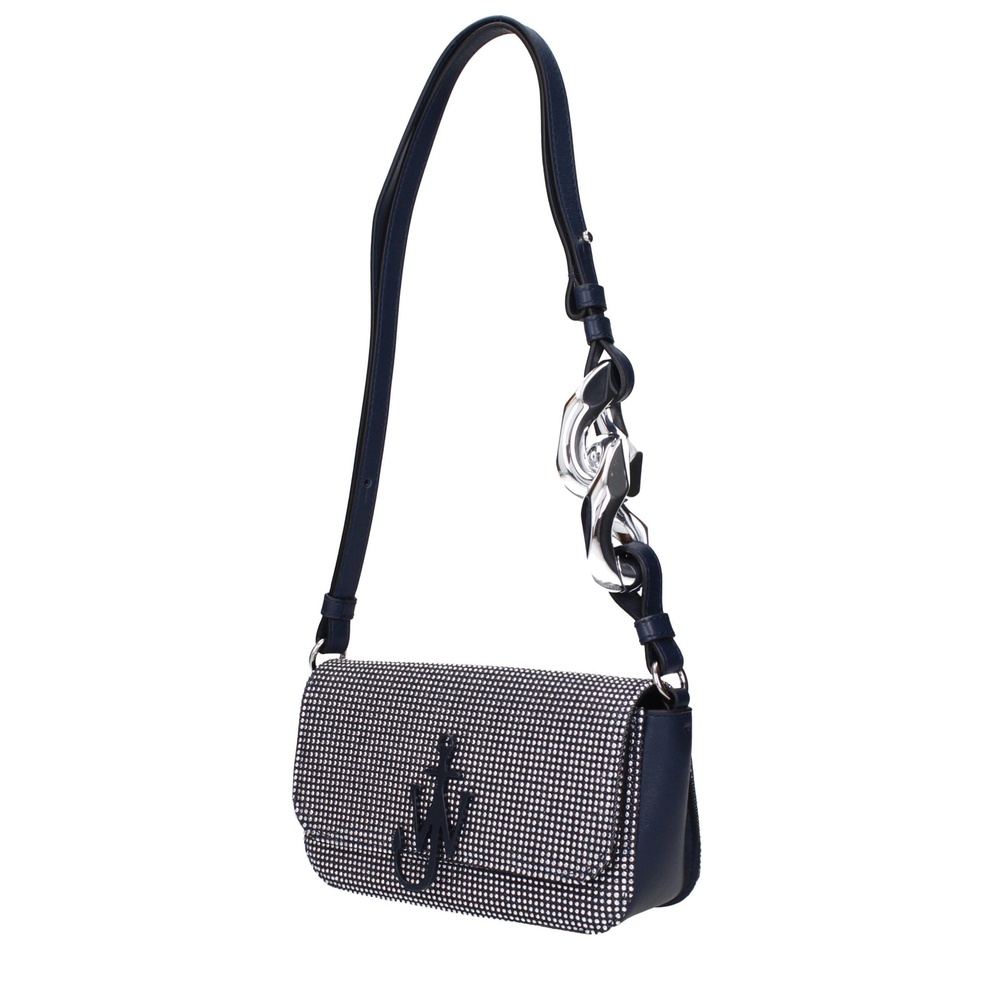 Small Shoulder Bag by J.W.Anderson for women in leather blue & silver showcases a statuesque silhouette, artfully detailed with a secure button, organized cardholder, and versatile shoulder-strap, adjustable-strap & handle for a statuesque look.