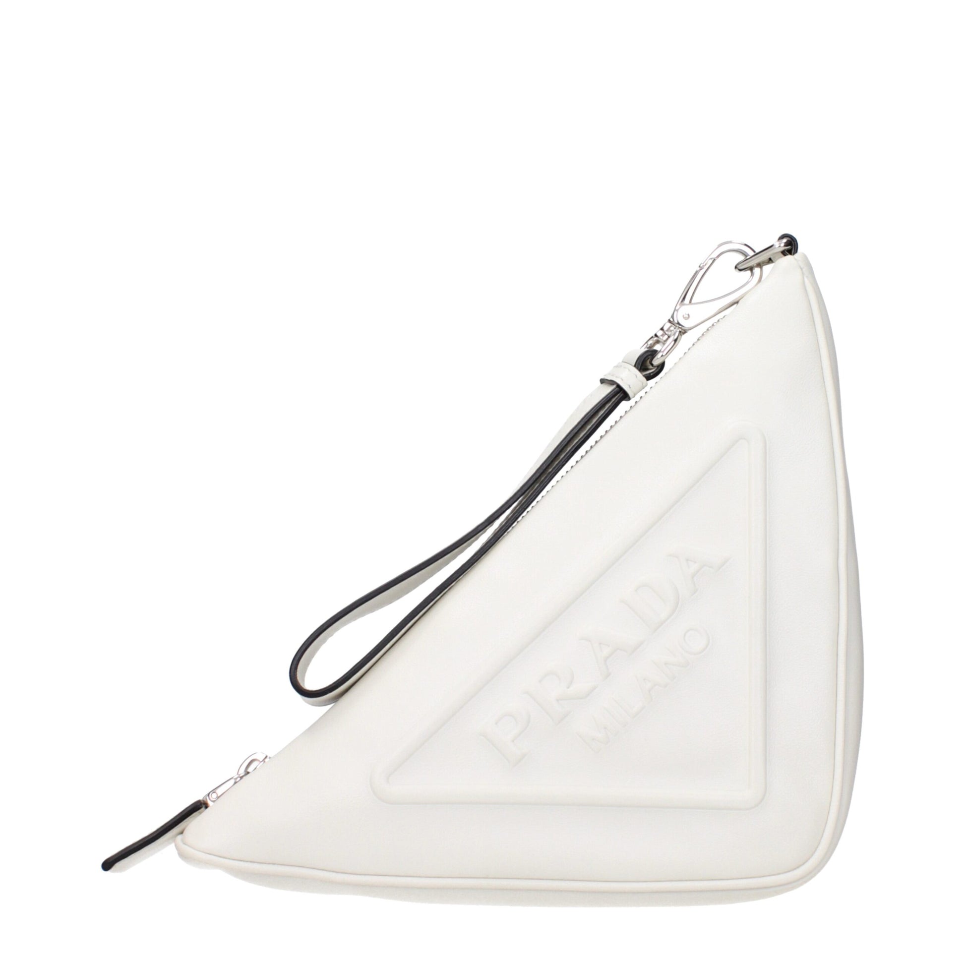 Small Clutch Handbag by Prada for women in leather white features a sculptural silhouette with a secure zipper, organized , and versatile handle for a sculptural finish.