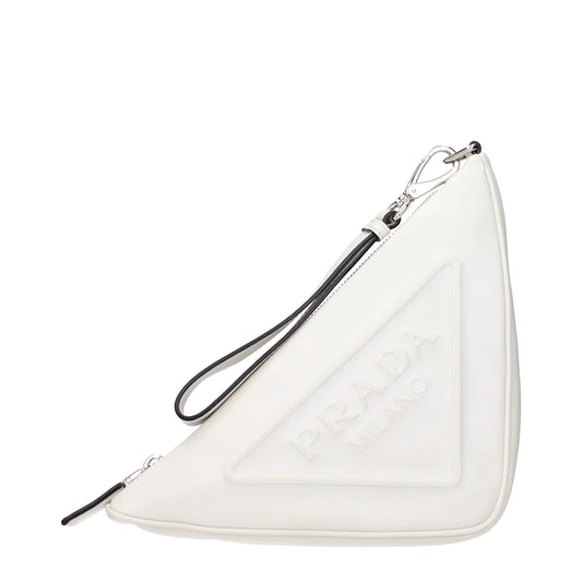 Small Clutch Handbag by Prada for women in leather white features a sculptural silhouette with a secure zipper, organized , and versatile handle for a sculptural finish.