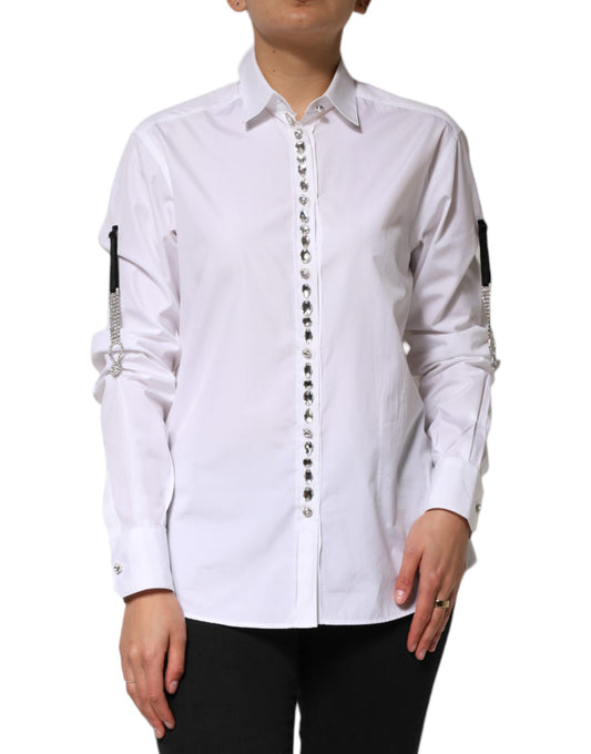 T-Shirt by Dolce & Gabbana for women in cotton & crystal white showcases a fashionable silhouette, elegantly detailed with a fashionable long-sleeve and for a sophisticated, high-fashion look.