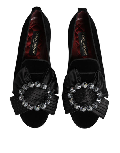 Dolce & Gabbana Ribbon Women's Cotton Velvet Silk Leather & Crystal Loafers Flat Shoes - Black Gold