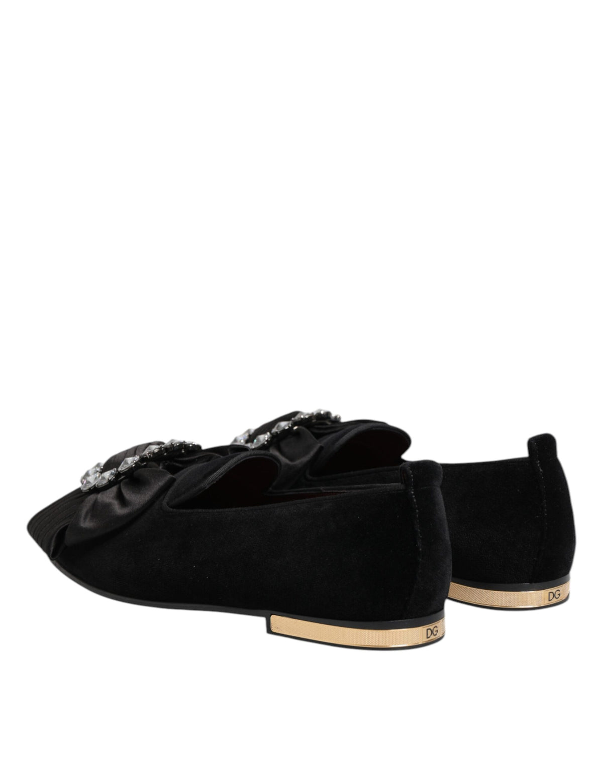 Dolce & Gabbana Ribbon Women's Cotton Velvet Silk Leather & Crystal Loafers Flat Shoes - Black Gold