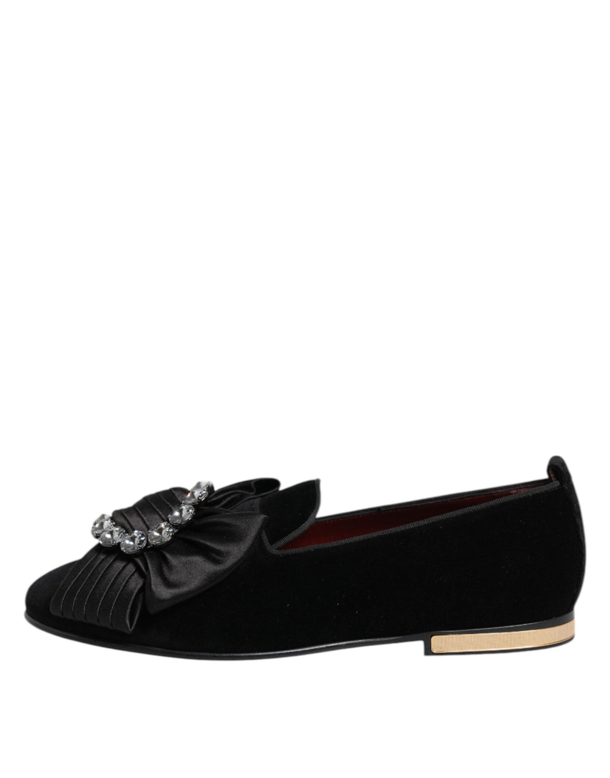 Dolce & Gabbana Ribbon Women's Cotton Velvet Silk Leather & Crystal Loafers Flat Shoes - Black Gold