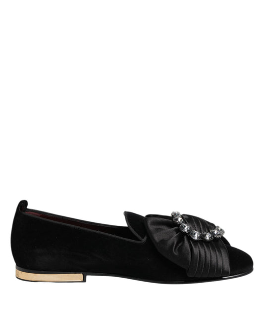 Dolce & Gabbana Ribbon Women's Cotton Velvet Silk Leather & Crystal Loafers Flat Shoes - Black Gold