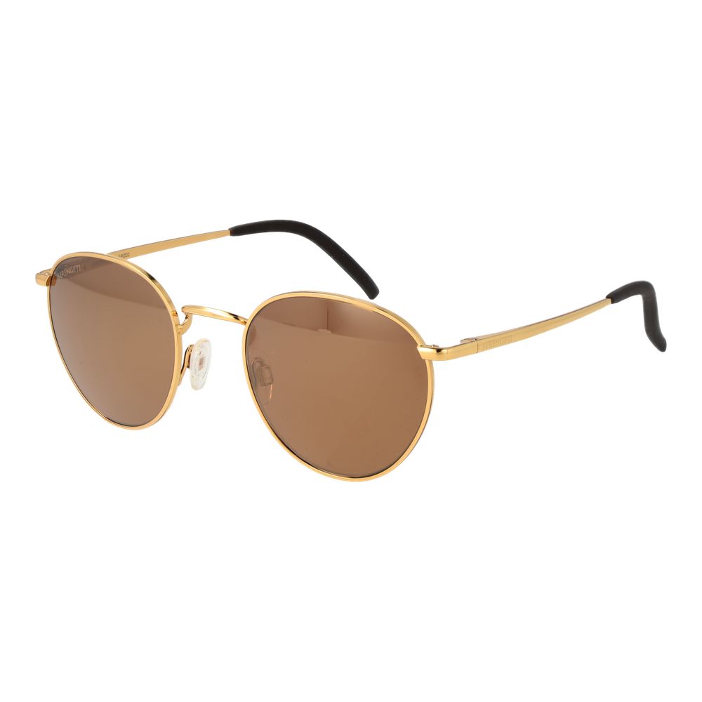 This Sunglasses by Serengeti for unisex in gold presents a sumptuous silhouette, showcasing a sumptuous full-rim round frame design in gold coloured frame and high-performance photochromatic polarized category-3-dark-tint lens.