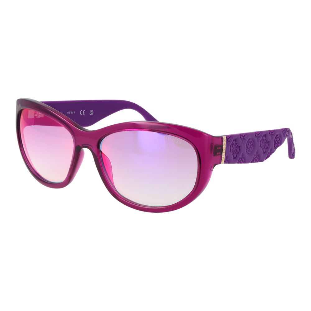 Sunglasses by Guess for women in plastic and purple presents a sumptuous silhouette, featuring purple coloured frame and full-rim oval frame design with mirrored category-1-light-tint lens for a sumptuous look.
