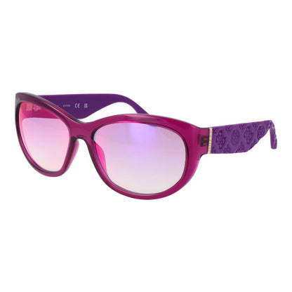 Sunglasses by Guess for women in plastic and purple presents a sumptuous silhouette, featuring purple coloured frame and full-rim oval frame design with mirrored category-1-light-tint lens for a sumptuous look.