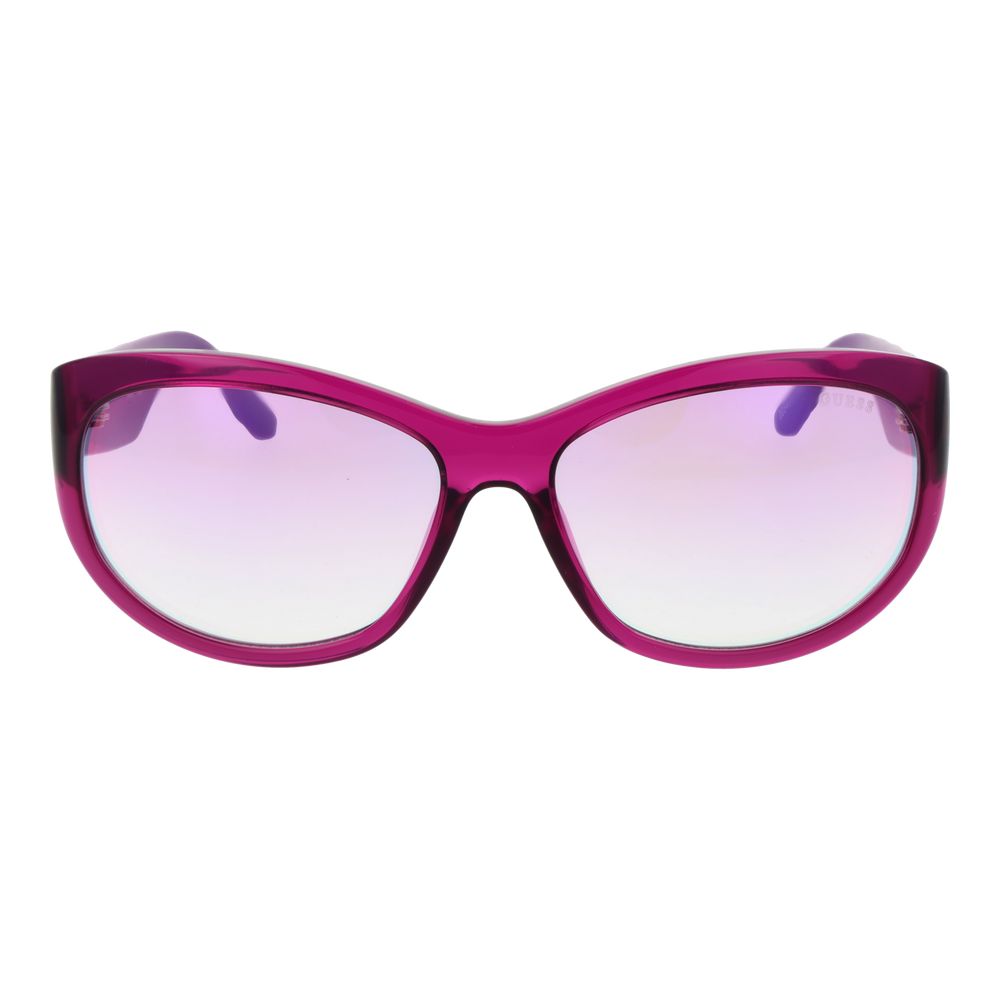 Sunglasses by Guess for women in plastic purple features an ethereal full-rim oval frame design with purple coloured frame frames and mirrored category-1-light-tint lens for a ethereal finish.