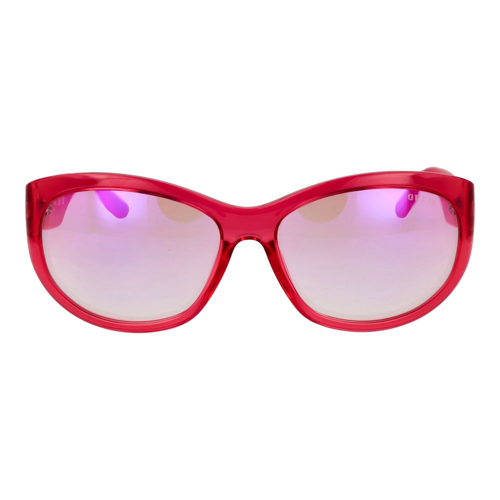 Sunglasses by Guess for women in stainless steel and pink featuring an opulent full-rim oval frame design with a sophisticated rose coloured frame finish and high-performance mirrored category-1-light-tint lens.