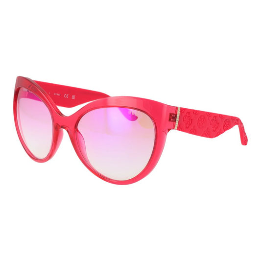 Sunglasses by Guess for women in stainless steel and pink presents a sumptuous silhouette, featuring rose coloured frame and full-rim round frame design with mirrored category-1-light-tint lens for a sumptuous look.